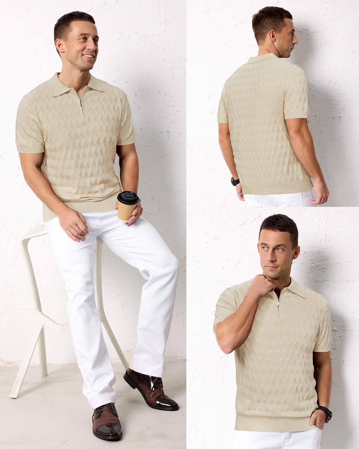 Arach&Cloz Mens Zipper Polo 3D Texture Shirts 2025 Spring Summer Fashion Knit Golf Tops Short Sleeve Dress Clothes - Image 2