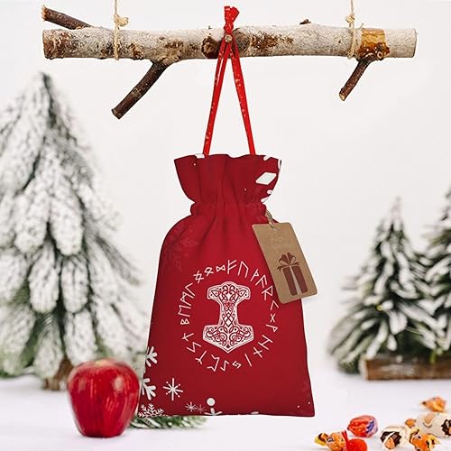 Miniatura 8 de Mjolnir And Rune Wheel Norse Mythology Symbol Christmas Drawstring Bag Gift Bag, Red Storage Bag, Christmas Gift Bags, Christmas Fabric Bags
