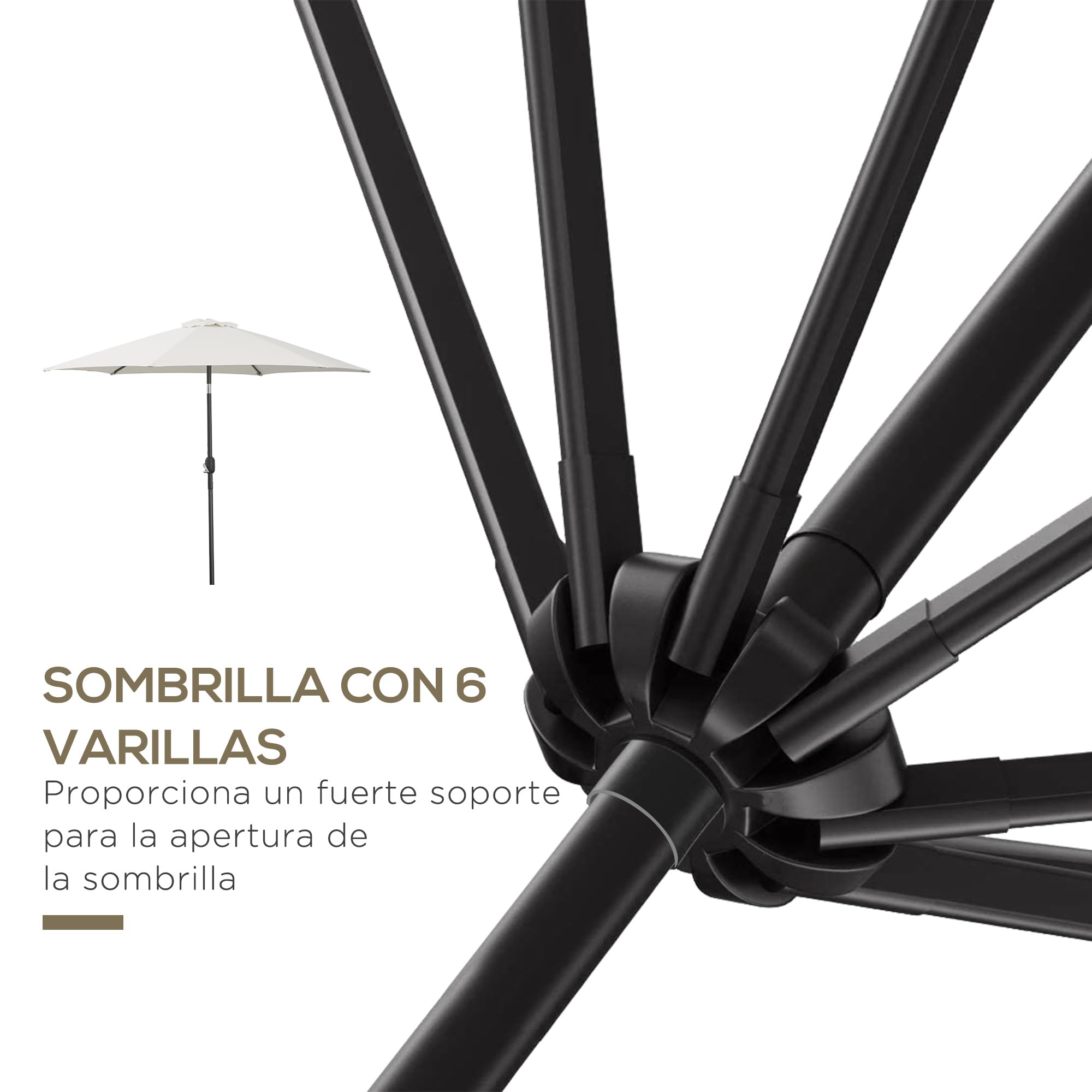 Outsunny Sombrilla de Jardín, Ø260x235 cm, Parasol de Jardín Reclinable con Manivela, Poste Desmontable de Aluminio y 6 Varillas de Metal, para Terraza, Exterior, Balcón, Crema