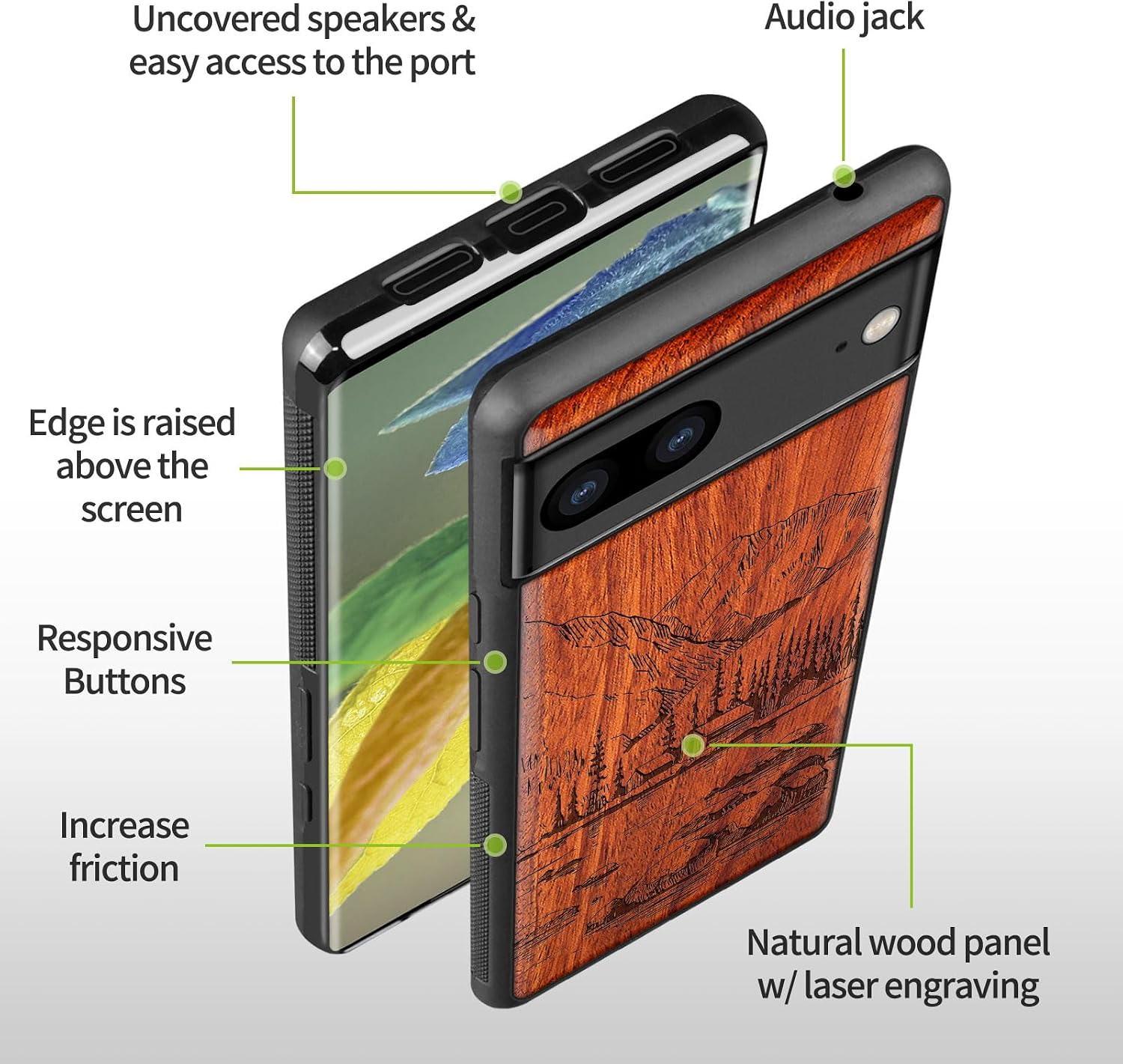 Carveit Wood Case for Pixel 8 Case [Natural Wood & Black Soft TPU] Shockproof Protective Unique Wooden Cover Compatible with Google Pixel 8 (Lakes and Mountains-Rosy)
