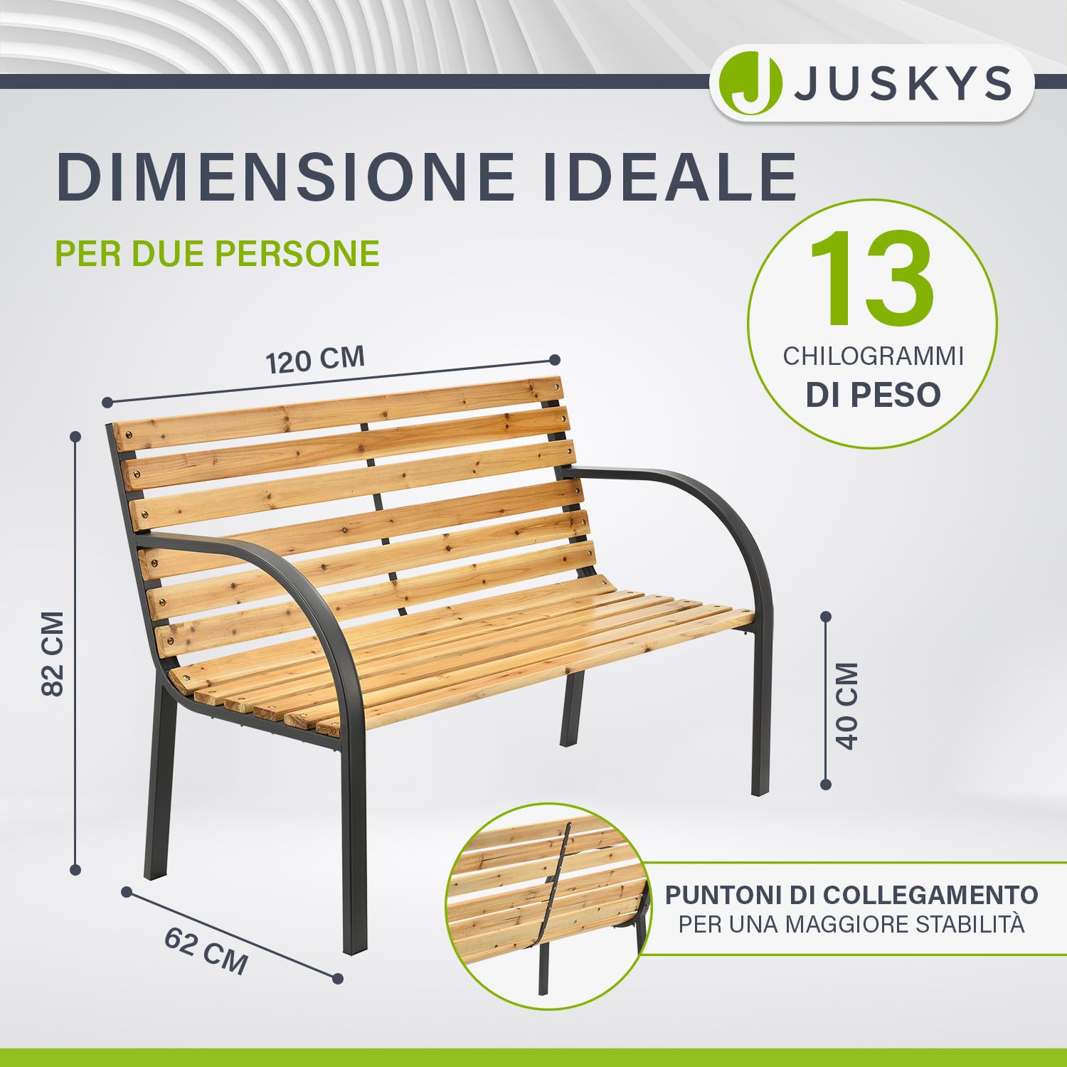 Juskys panchina da giardino Modena a 2 posti con schienale e braccioli panca resistente alle intemperie in legno e acciaio 120x62x82 cm classica per giardino balcone terrazza
