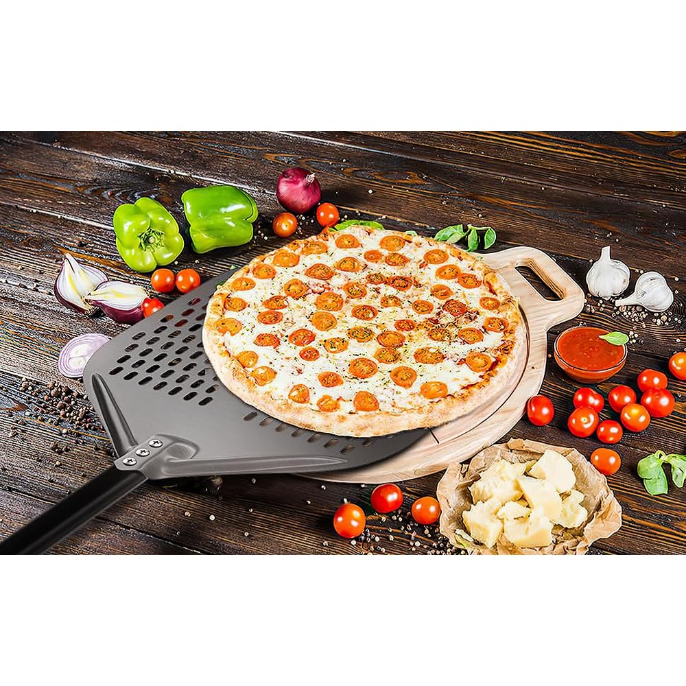 G.a HOMEFAVOR Perforierter Pizzaschaufel 12 zoll Pizzaschieber 8 zoll Pizzawender Rund aus Hart Eloxiertem Aluminium Pizza Schaufel mit Silikongriff