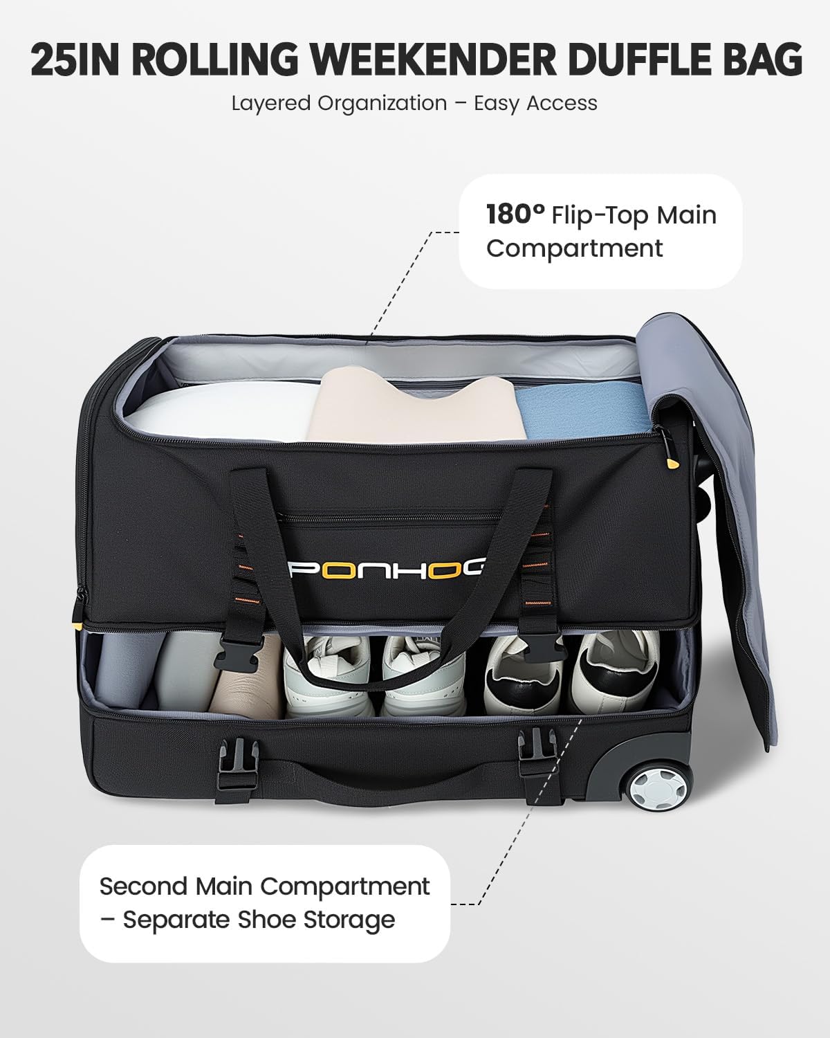 25 Inch Duffle Bag with Wheels and Handle for Men - Water Resistant Wheeled Duffle Bag for Weekend Travel & Overnight Trips, Black - Image 2