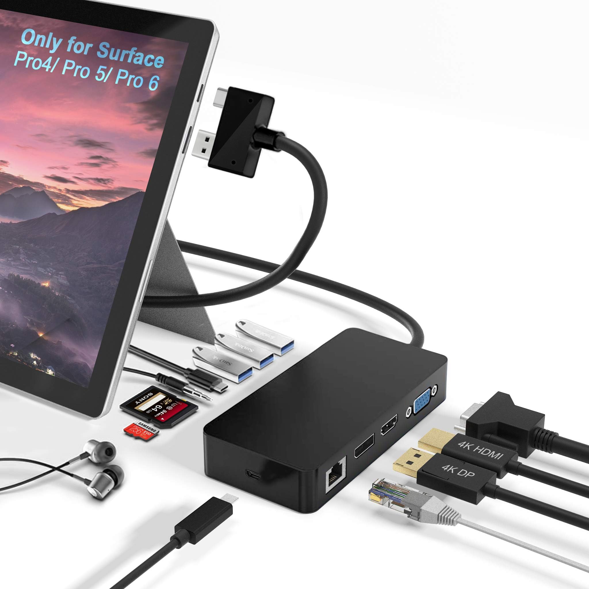 CATECKSurface Pro Dock for Surface Pro 4/5/6 Docking Station with HDMI VGA DP RJ-45 Gigabit Ethernet Port 3X USB 3.0 Ports USB C Sync Port Audio Out Port SD/TF Card Reader Micro USB Port