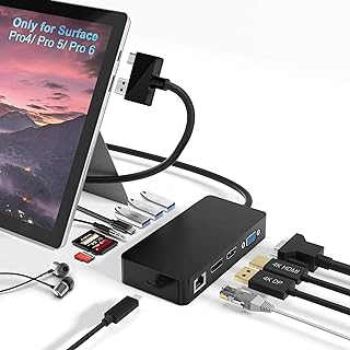 Surface Pro Dock for Surface Pro 4/Pro 5/Pro 6 USB Hub Docking Station with Gigabit Ethernet, 4K HDMI VGA DP Display, 3xUSB 3.0, Audio Out, USB C, SD/TF Card Slot Combo Dock Only for Surface Pro 4/5/6
