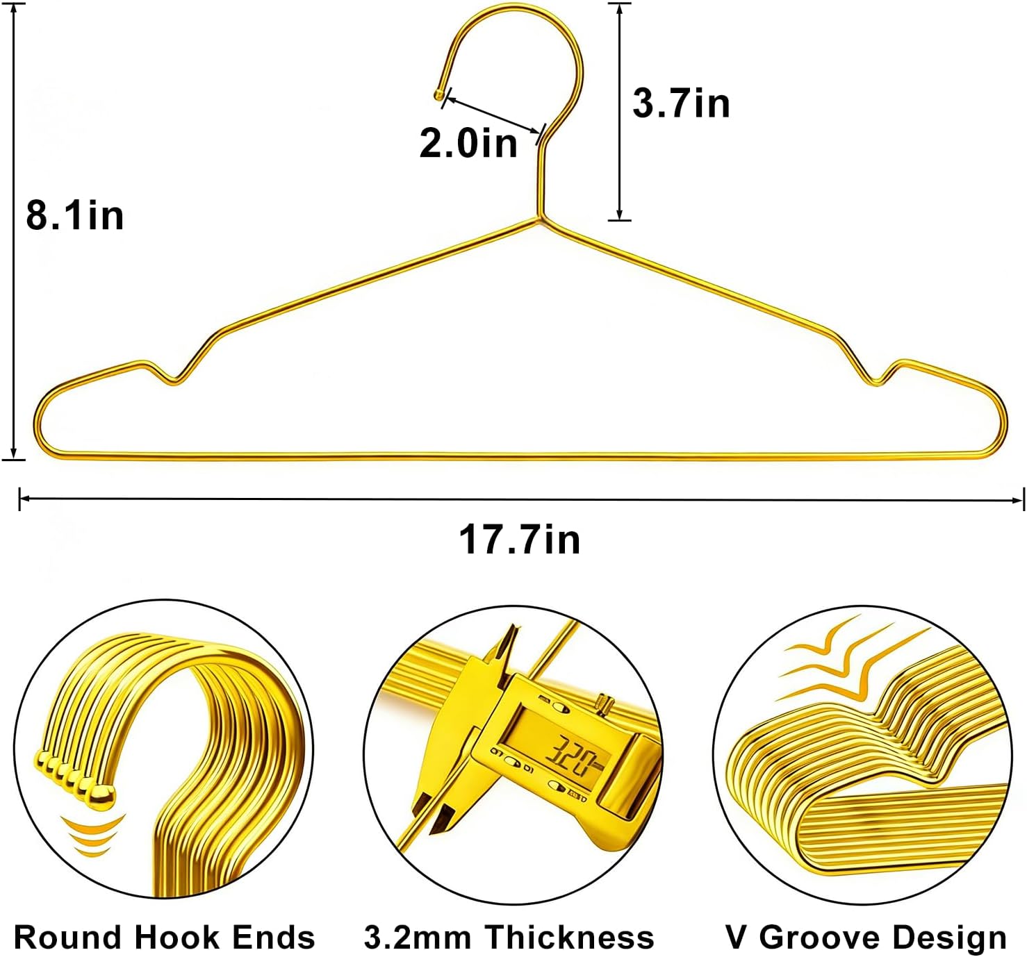 30 Pack Clothes Hangers, METLUCK Stainless Steel Gold Hangers for Clothes Strong Wire Metal Coat Hangers Standard Suit Hangers, Great for Daily Use -17.7 Inch, Gold