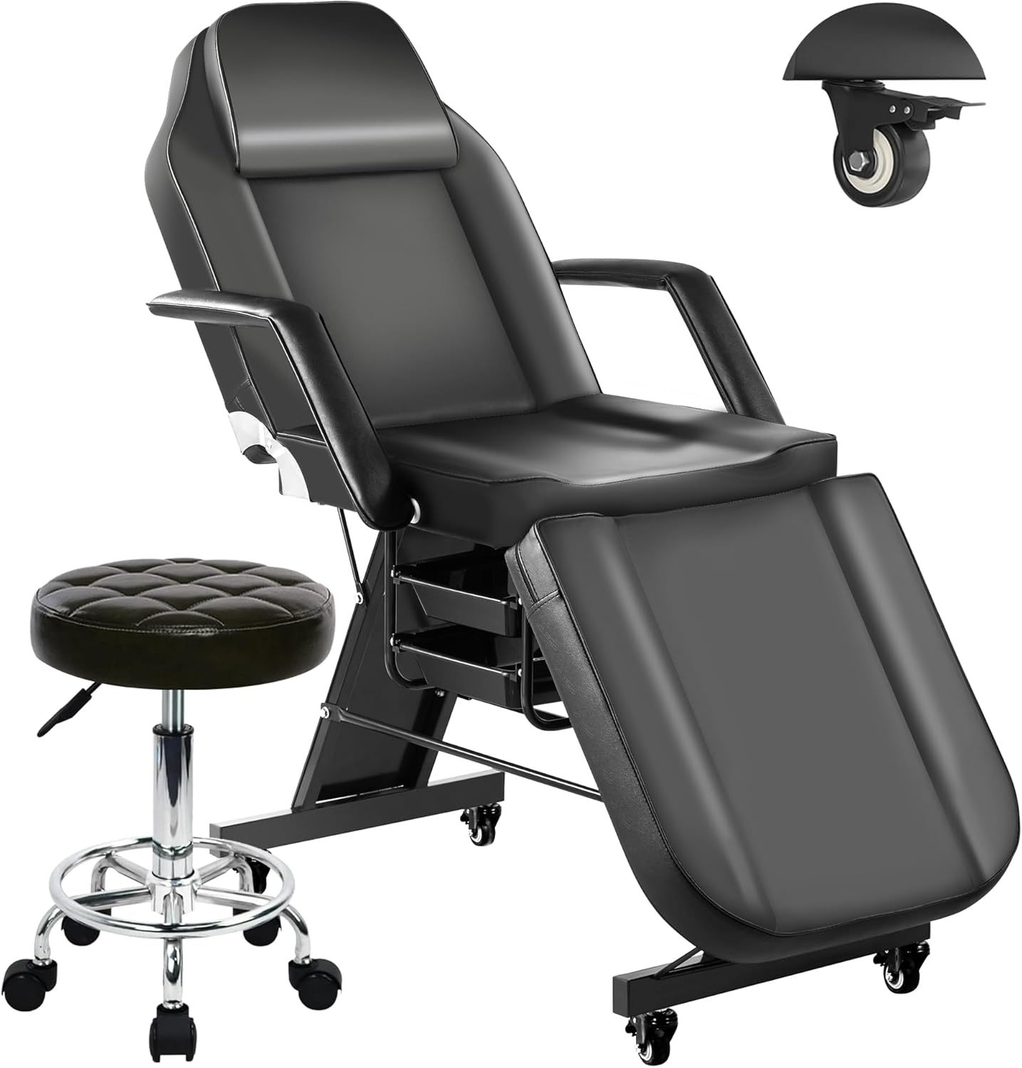 Tattoo Facial Chair with Wheel, Esthetician Massage Bed with Stool, Professional Adjustable Lash Tattooing Table with Breathing Hole Beauty Treatment Salon Spa Artist Equipment with 2-Tary, Grey