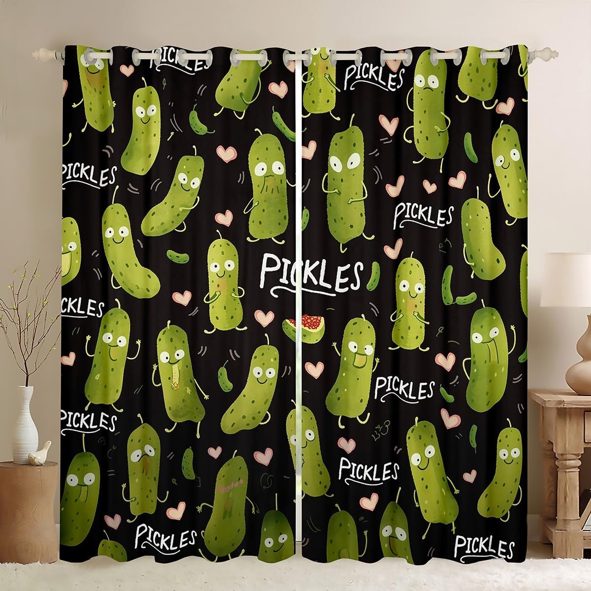 Erosebridal Pickle Blackout Curtains Kawaii Cucumber Kids Curtains Dill Pickle Curtains & Drapes 38" Wx45 L 2 Panels Love Heart Decor Window Treatments for Boys Girls Teens Bedroom Decor