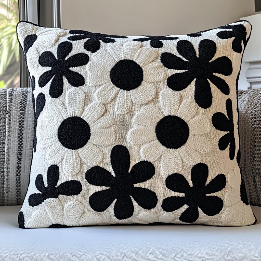 DIY Punch Needle Pillow Kit Black and White Daisy Flowers with Pattern and Hoop Handmade Embroidery Punch Needle Starter Pillowcase Making Set for Home Sofa Decoration 43x43cm-9
