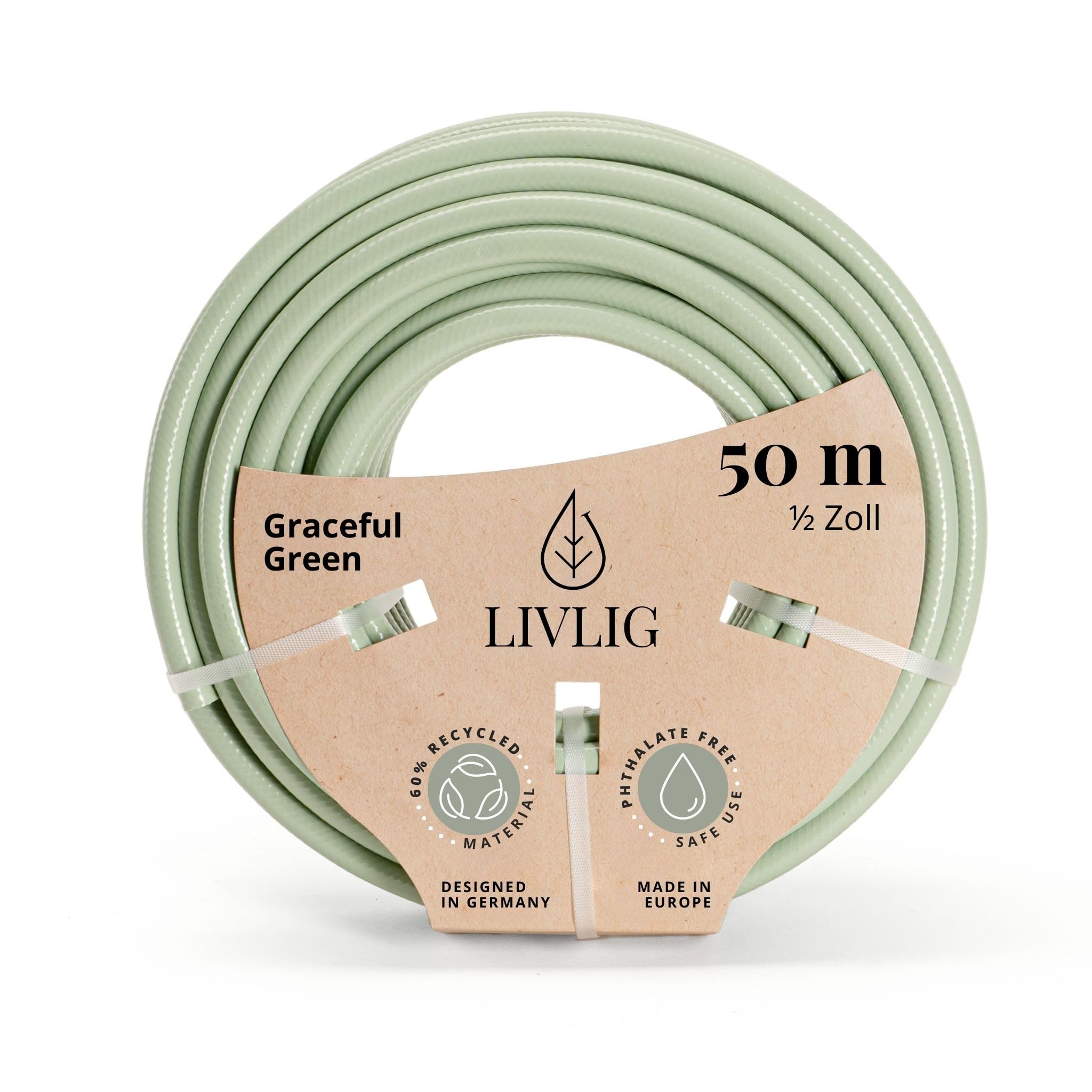 LIVLIG wąż ogrodowy 50m, węże do ogrodu 1/2 cala, wyprodukowano w Niemczech, wąż ogrodowy 50m z recyklingu PVC, stabilny wymiarowo, kolor: zielony