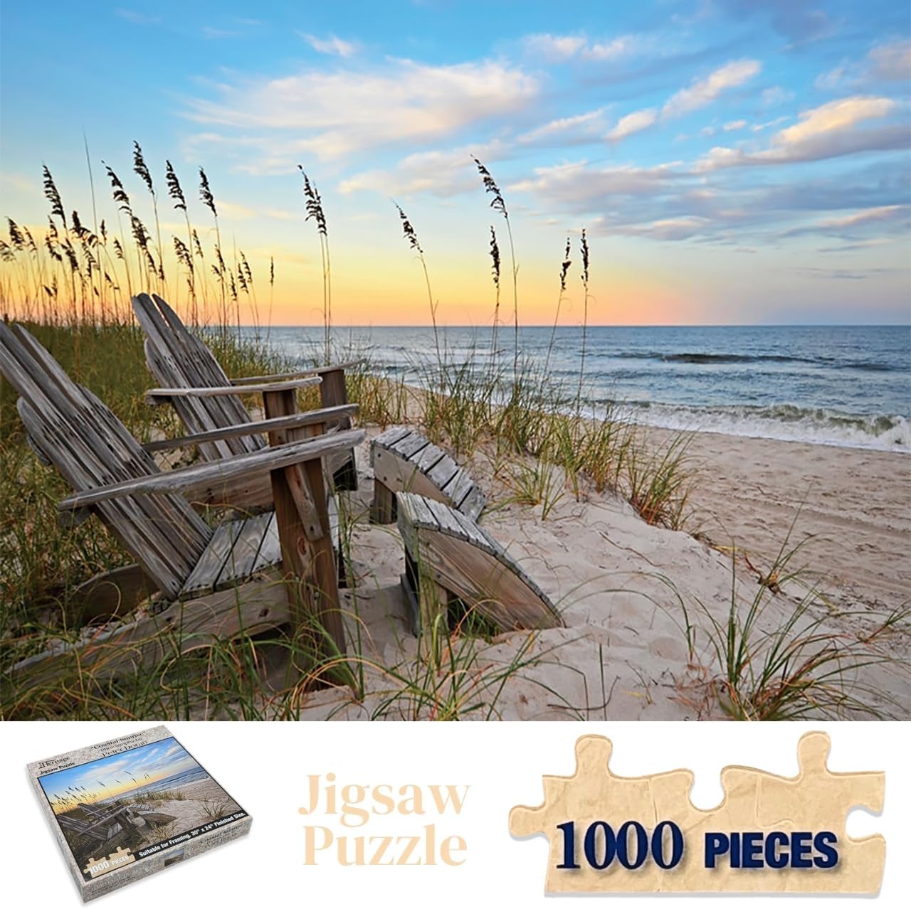 Heritage Puzzle Coastal Sunrise Beach Ocean Jigsaw Puzzle for Adults 1000 Pieces, Frameable 30" x 24" Relaxing Coastal Puzzles - Serene Scene on Sandy Shore by Peter Doran - Made in U.S.A.