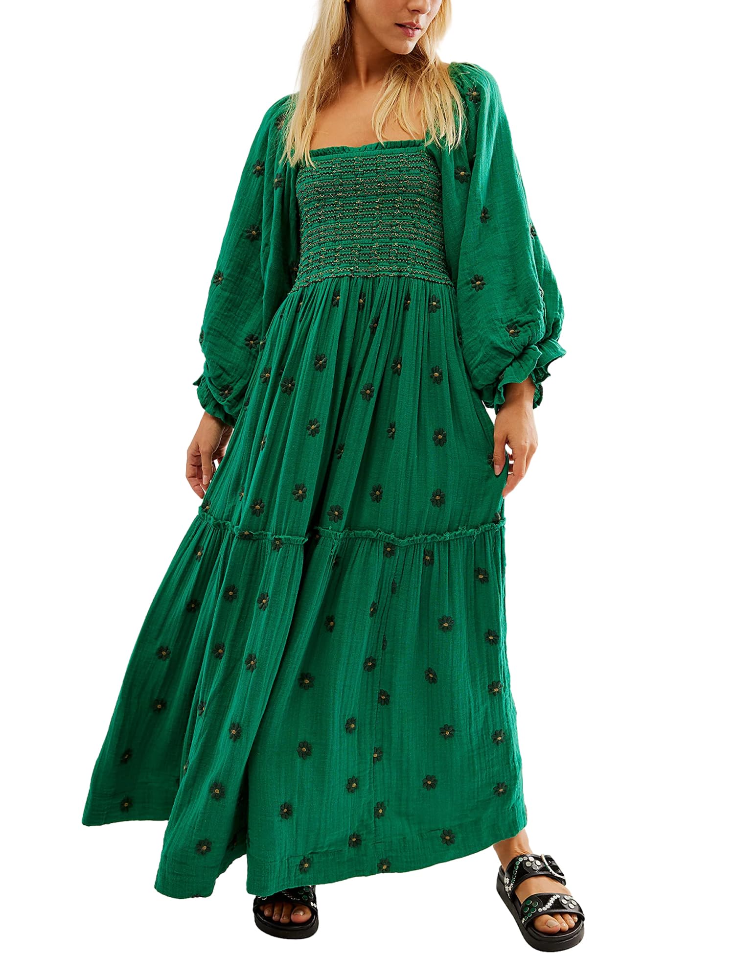 AchlibeWomen Bohemian Floral Dress Long Sleeve Square Neck Ruffle Swing Dress Flowy a Line Maxi Dress Resort Wear