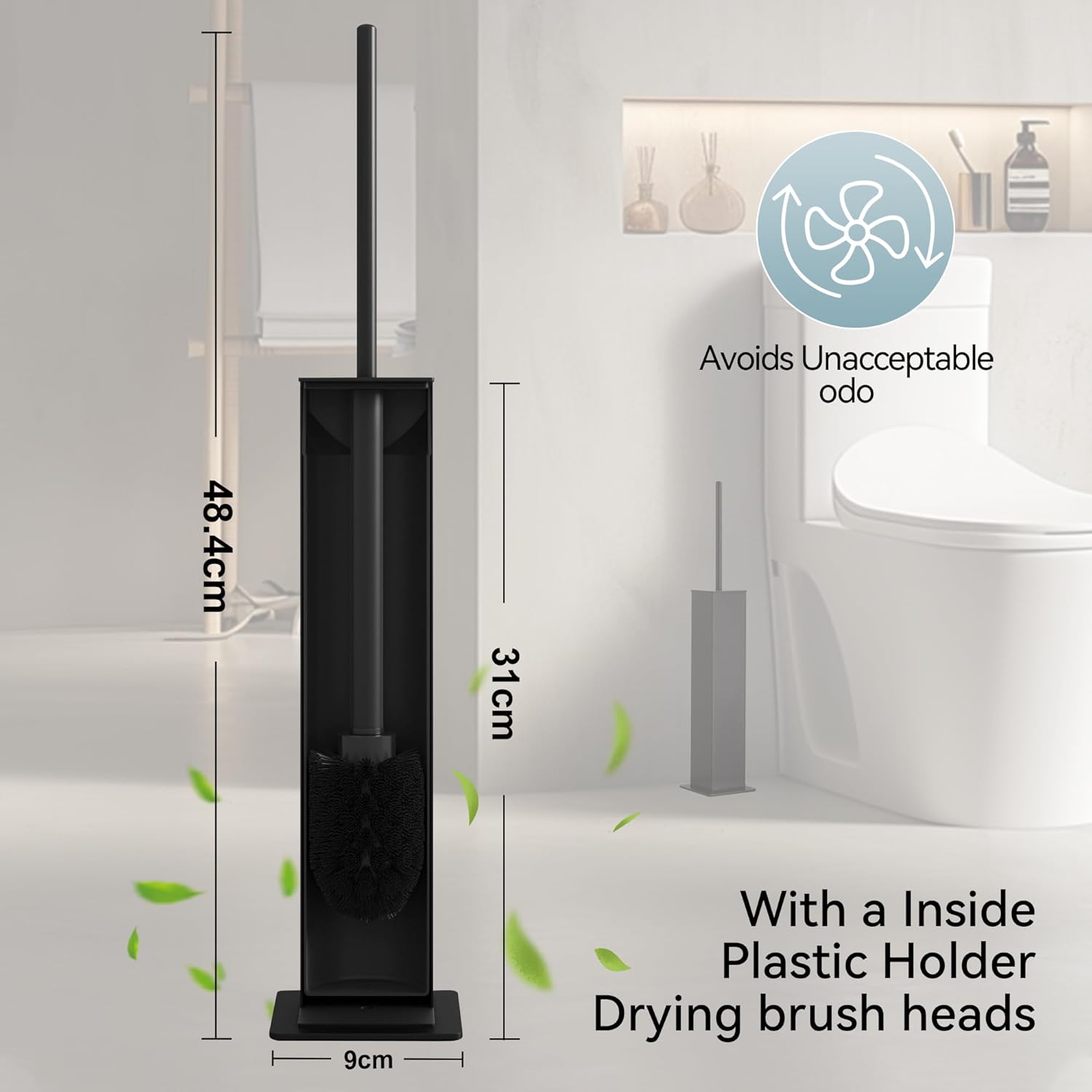 Black Toilet Brush and Holder,Toilet Bowl Brush with Extra Long Handle
