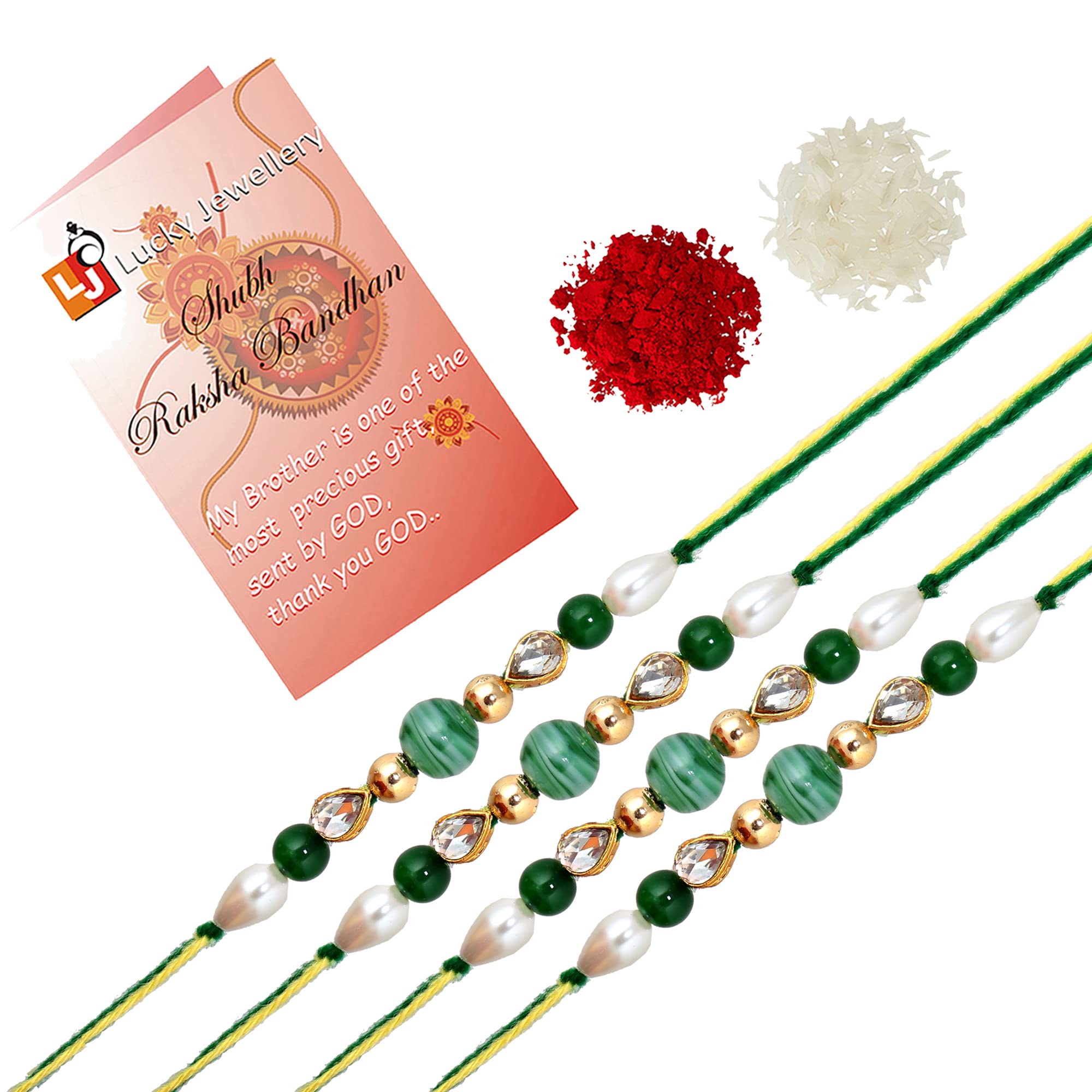 Mens Designer Gold Plated Combo Green Color Pearl Moti Rakhi for Bro/Brother/Bhaiya/Bhai/Bhabhi (Pack of 4) Rakshabandan Rakhee Bracelet Rakshashutra (200-VR1-1688-4)-image-24