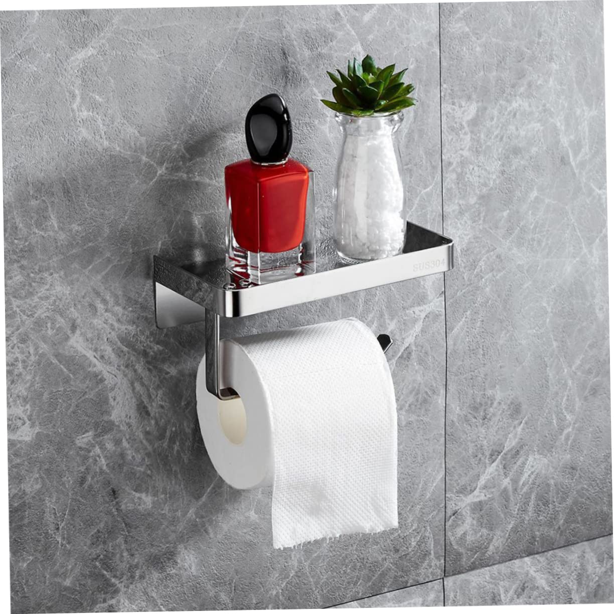 Portarrollos con Instalación Adhesiva de Papel Higiénico de Acero Inoxidable con Estante para Teléfono y Diseño de Bordes hacia Arriba en Color Plata para Baños y Aseos