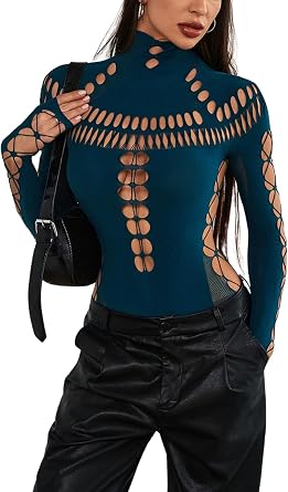 AVZXSA Womens Sexy Cutout Turtleneck Long Sleeve Bodysuit Tops Seamless Mesh Snap Crotch Thong Bodysuits