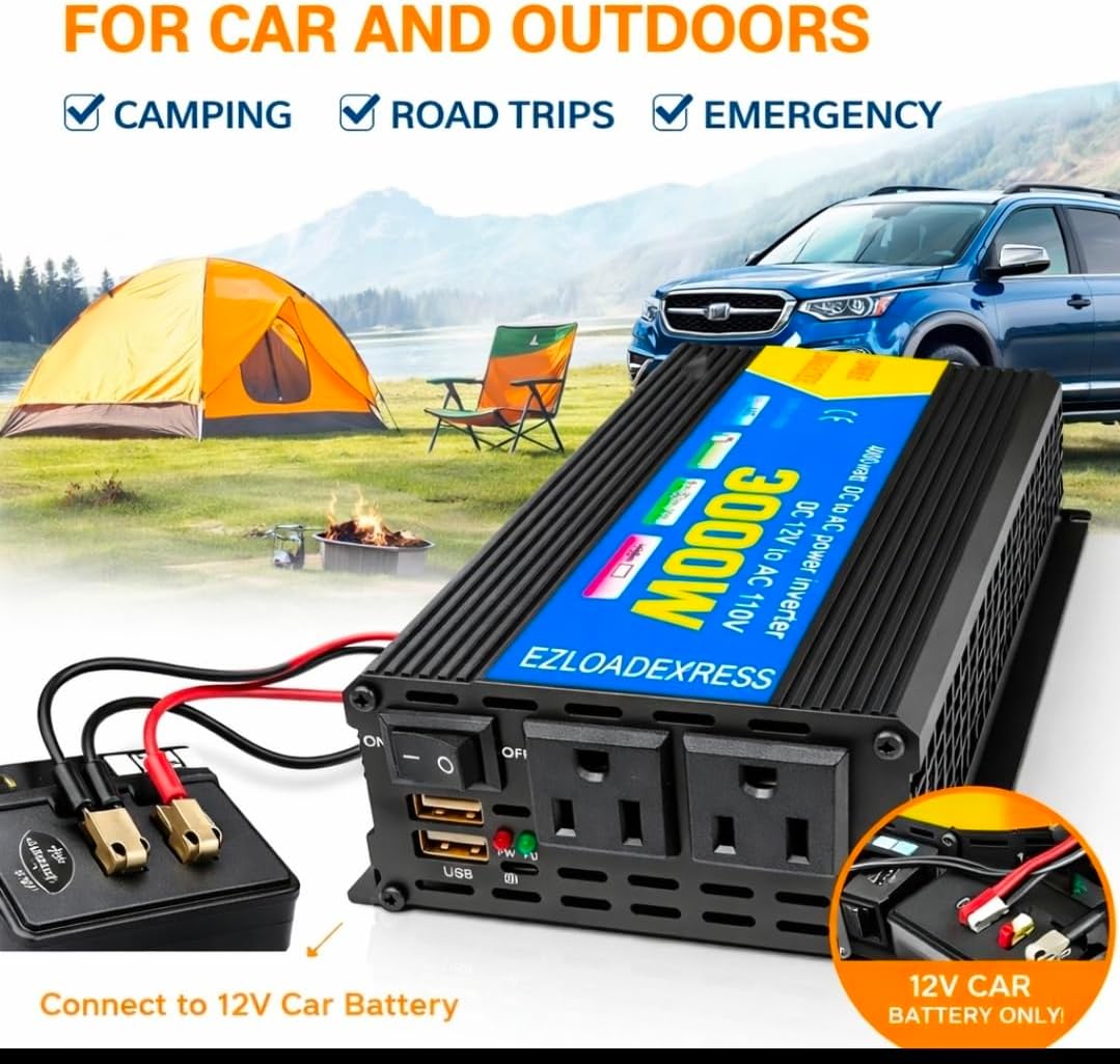 3000W High-Power DC to AC Inverter – 12V to 110V/120V Converter with Dual USB Ports, Dual AC Outlets, Cigarette Lighter Adapter, Battery Cable for Cars Trucks RVs, Camping Home Backup (Black, 3000W)
