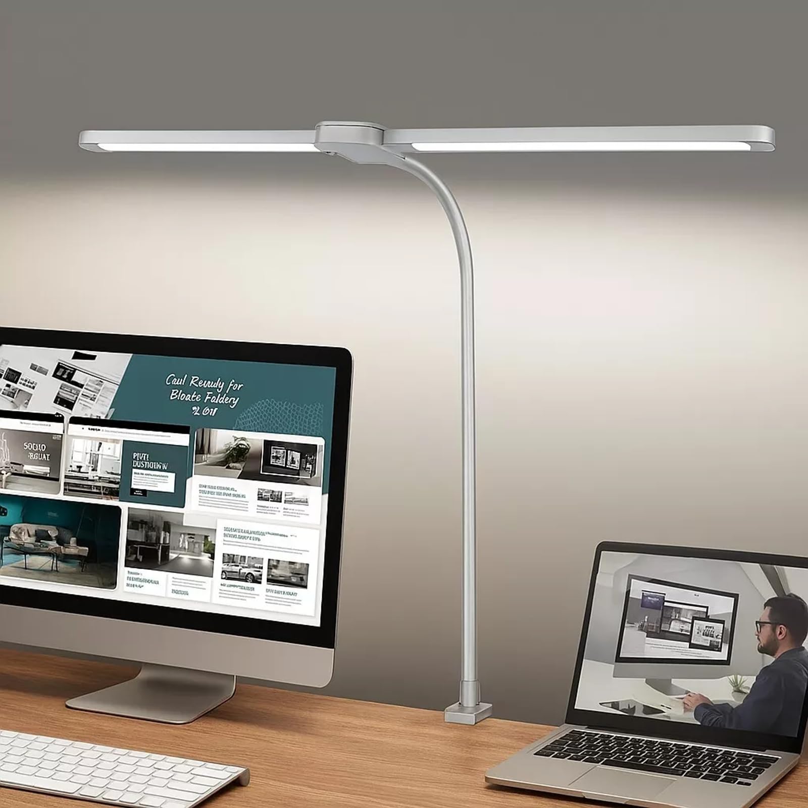 DUAS LED Dual-Head Desk Lamp with Clamp – 160 LED Beads, 10 Brightness Levels, 5 Colour Temperatures, 70cm Gooseneck, Touch Control, Memory & Timer – Reading Light for Office, Craft, Study (White)