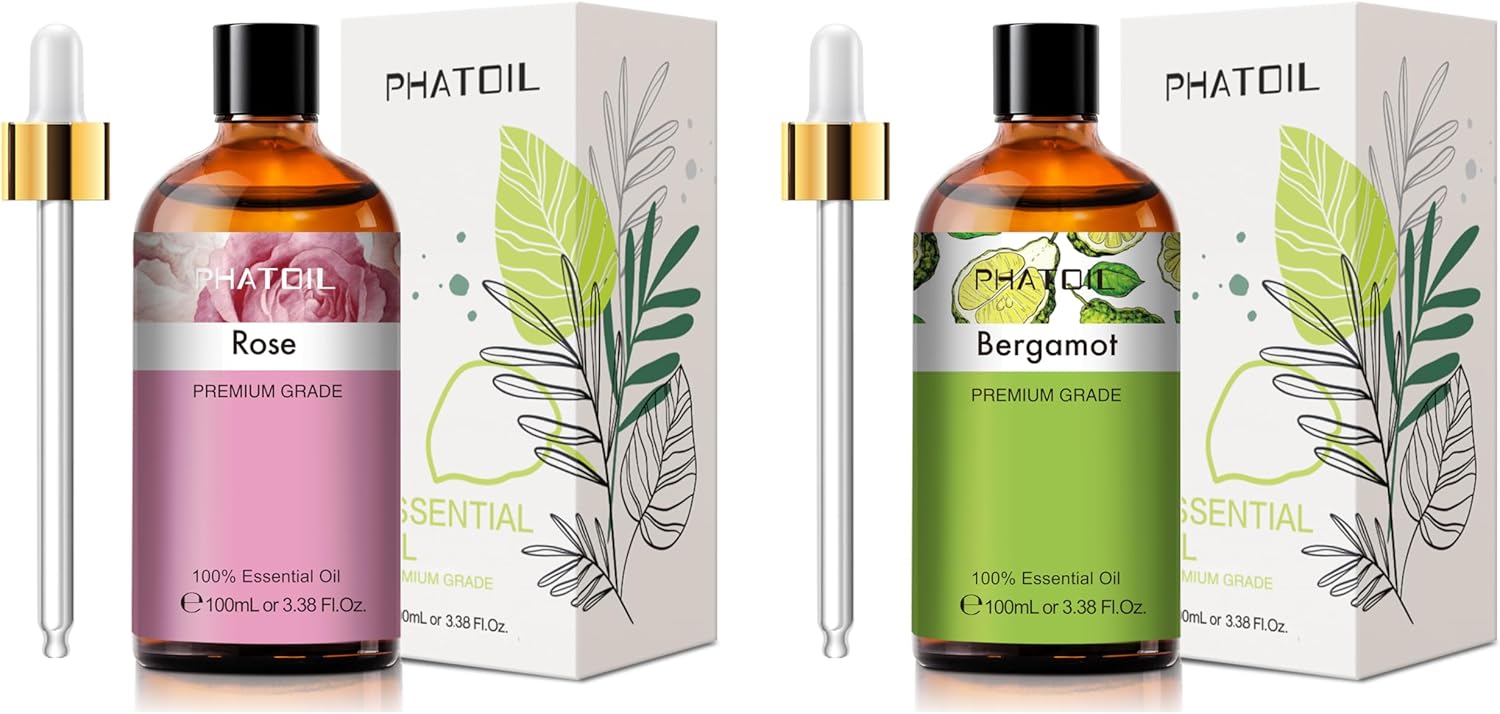 PHATOIL 100ML/3.38FL.OZ Rose Essential Oil and Bergamot Essential Oil for Diffuser, Humidifier, Scented Oils for Soap, Candle Making
