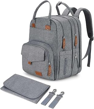 Qualyphant Diaper Bag Backpack - Large Expandable Waterproof Baby Bags Twins,24 Pockets - Stylish Nappy Maternity Bag w/Changing Pad& Straps - Multifunction Back Pack diaper-bag-grey-01,Grey