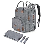 Qualyphant Large Diaper Bag Backpack for Two Kids Twins - Expandable Baby Bag (26-36L), Dual Big Compartments - Includes Changing Pad & Stroller Straps, Unisex Grey