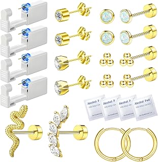 20 Pcs Ear Piercing Kit Ear Disposable Piercing Gun Kit Includes 4 Pcs Self Piercing Gun 18 Pcs Cubic Zirconia Earrings Stud Hoop Earrings 4 Cleaning Pads Easy-to-Use Ear Piercer Kit Tool