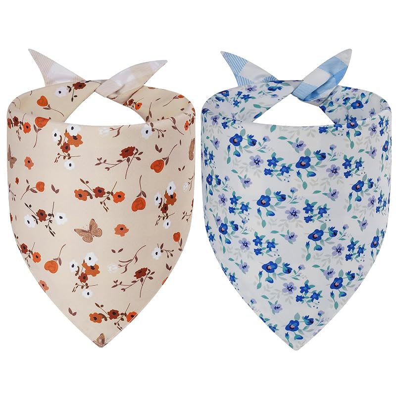 Bandana para Cães e Gatos Agroon Dupla Face Floral e Xadrez Large Sping-26-blue mihui, Pacote com 2