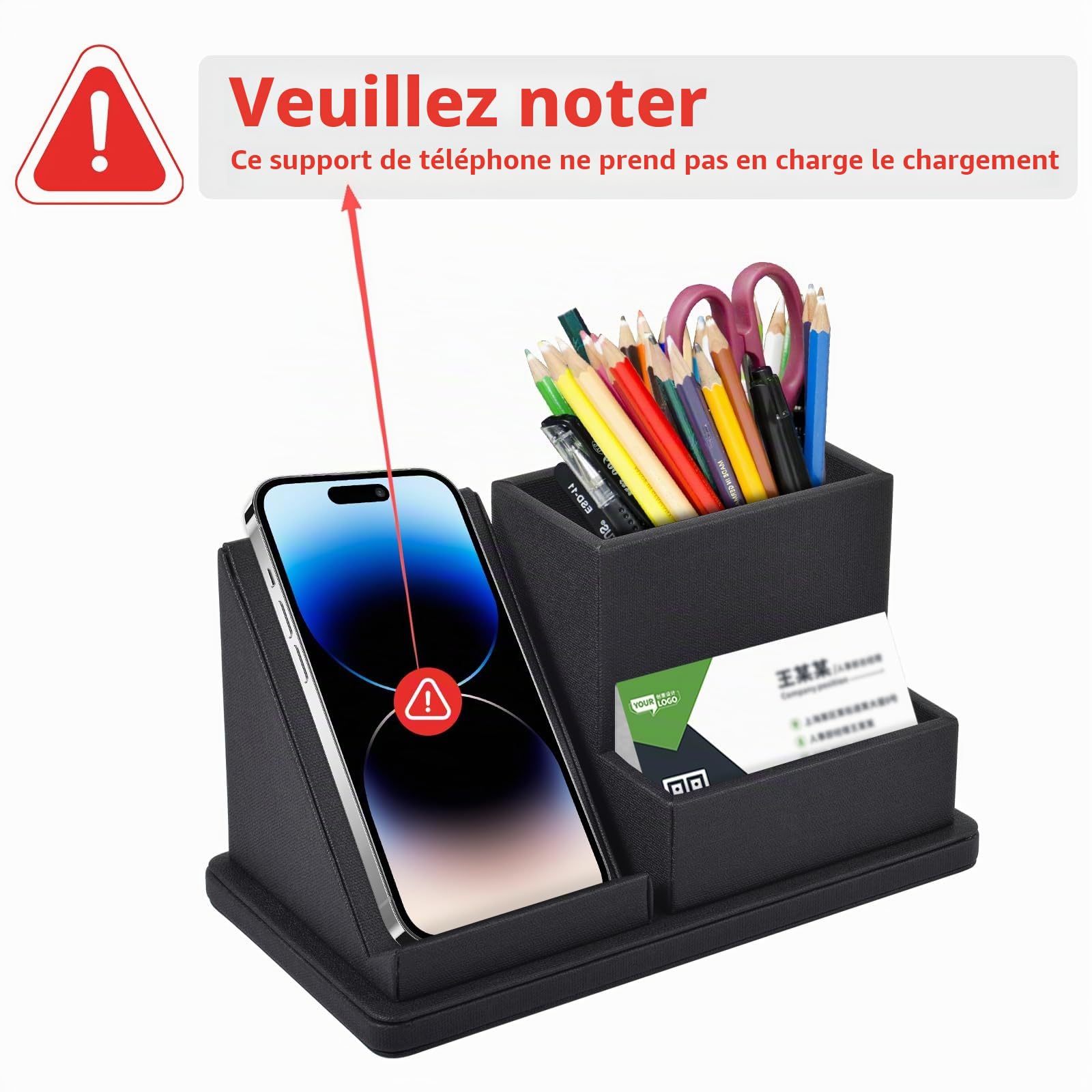 Organiseur de bureau en cuir multifonction avec support pour téléphone portable, télécommande, porte-stylos et porte-cartes de visite