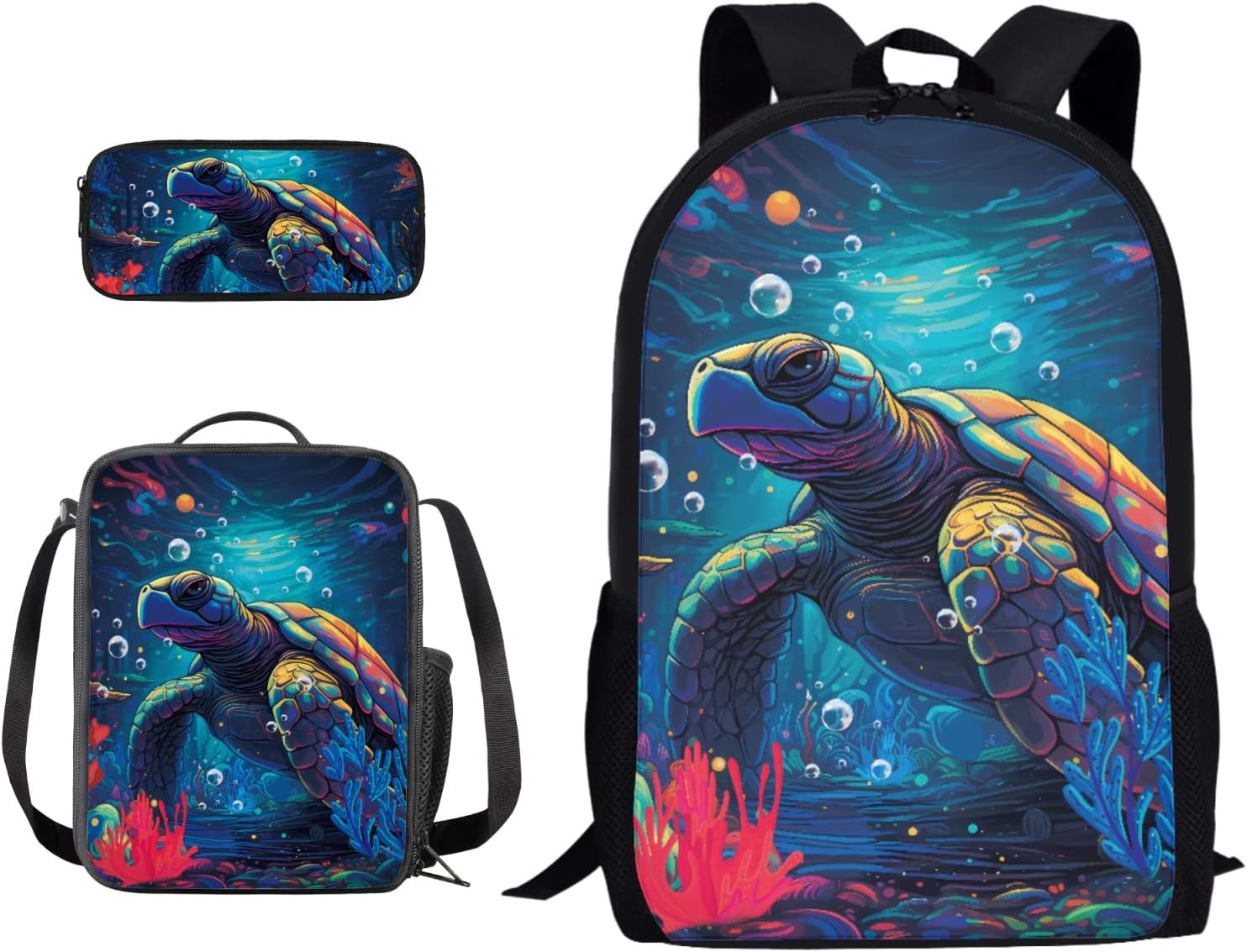 Xoenoiee Sea Turtle Print 3PCS School Backpack Set for Boys Girls Teenager, Includes Student Large Capacity Bookbag + Lunch Bag + Pen Case for Kids 3 in 1