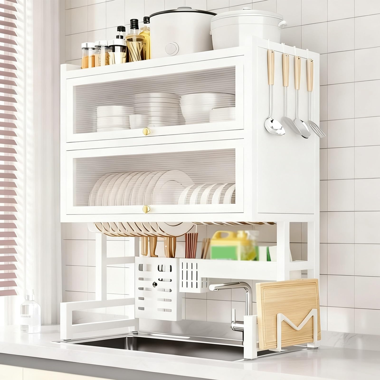 Escurridor de platos para fregadero con tapa, organizador de cocina multifuncional para platos, vasos, cuencos, escurridor de encimera
