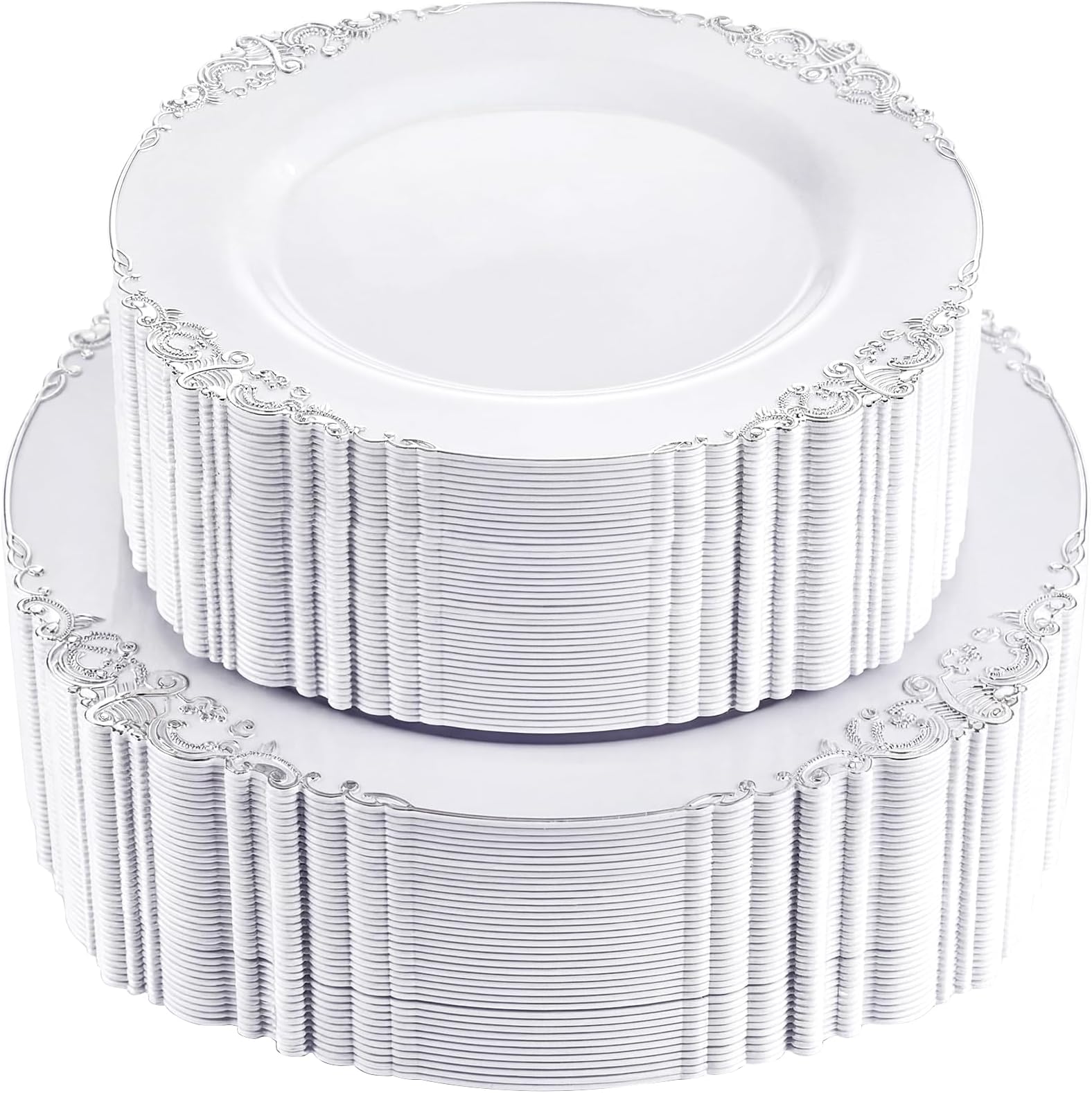 102PCS White and Silver Plastic Plates - Heavyweight Silver Plate - Wedding Plate with Silver Rim - Fancy Dinner & Dessert Plates for 51 Guests Weddings & Parties