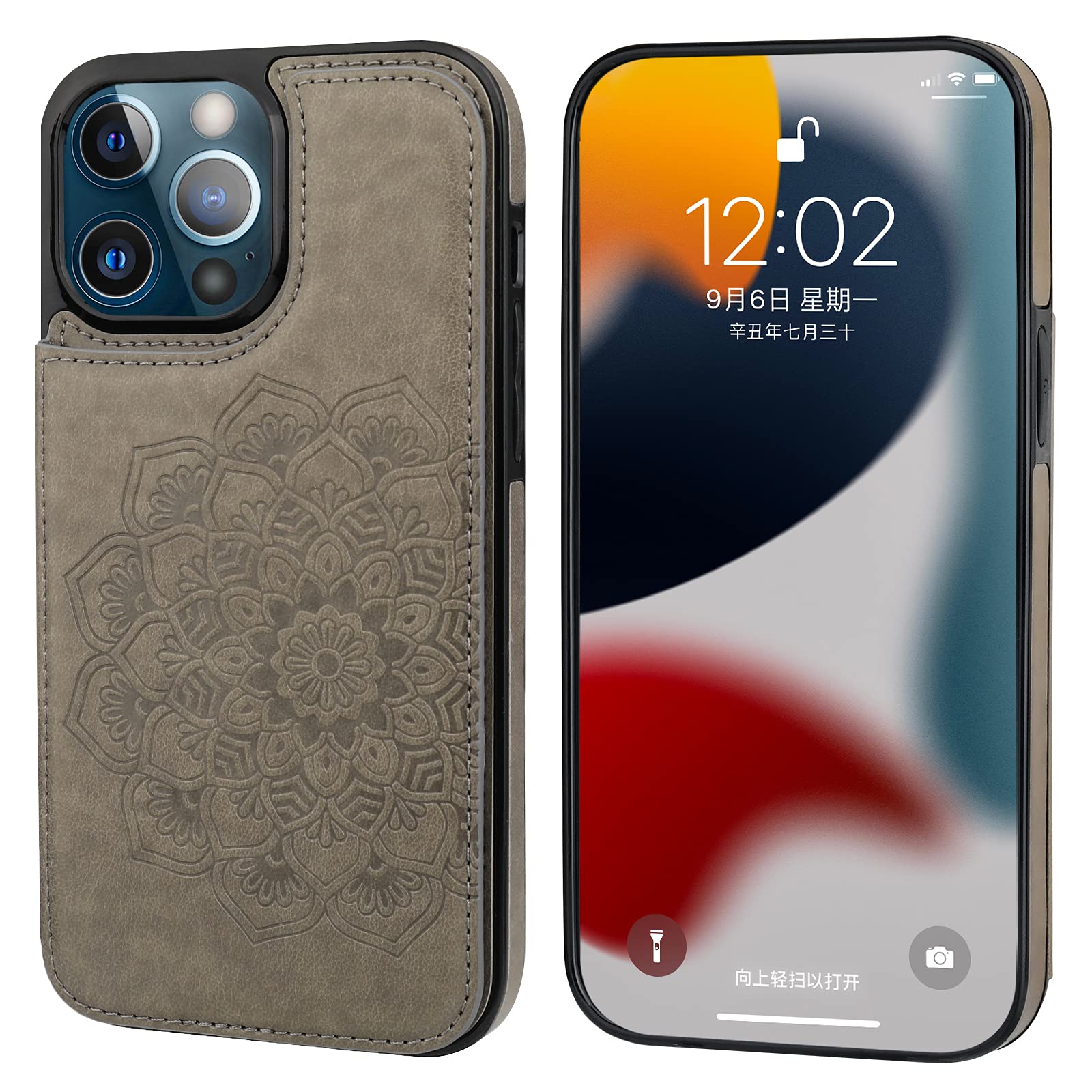 Vaburs Funda tipo cartera compatible con iPhone 13 Pro Max con tarjetero, patrón de mandala en relieve, piel sintética, botones dobles, a prueba de golpes, para soporte magnético para coche de 6.7