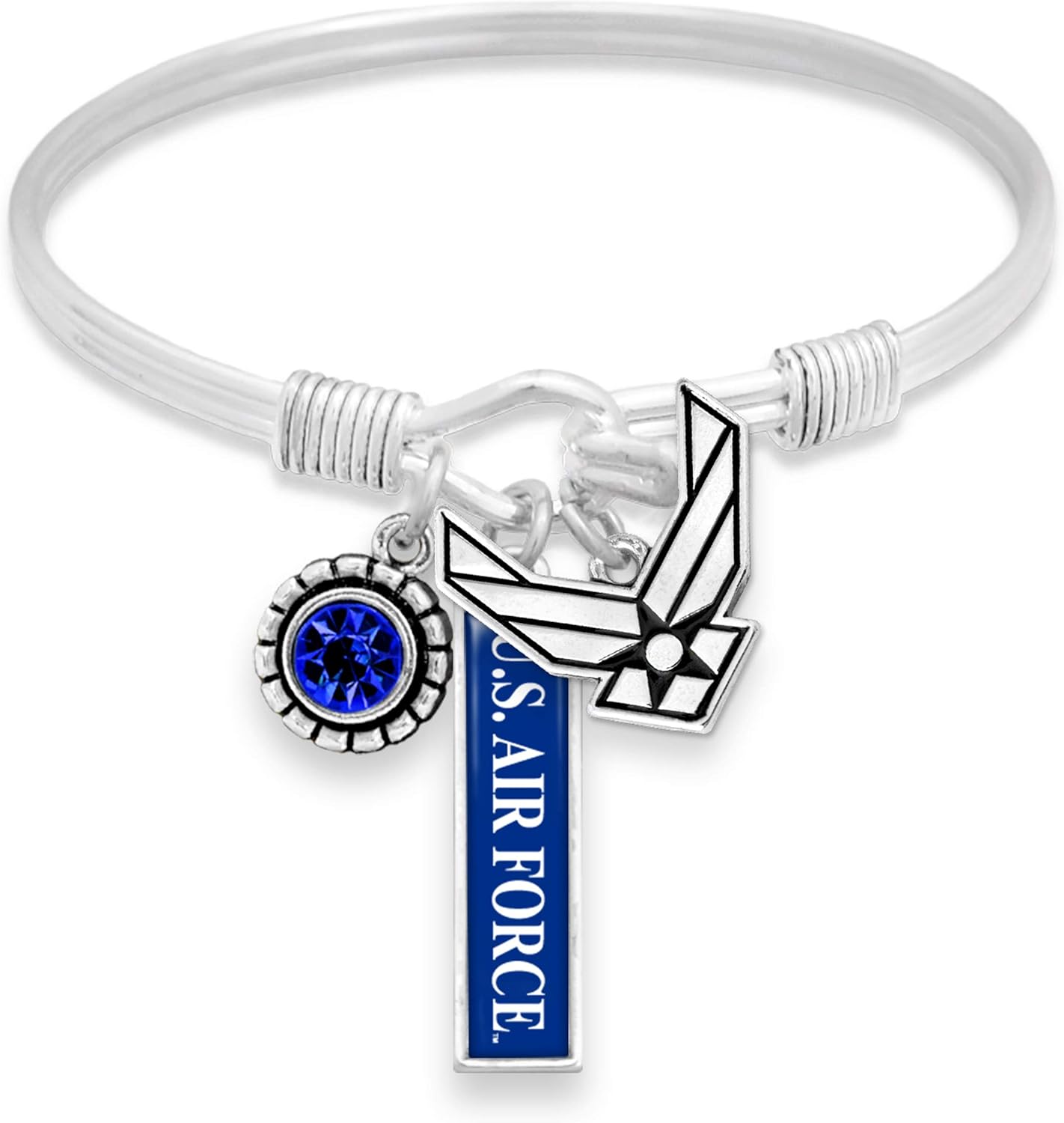 Air Force Three Charm Bangle Bracelet Silver Jewelry Choose Wife Mom or AF Charm