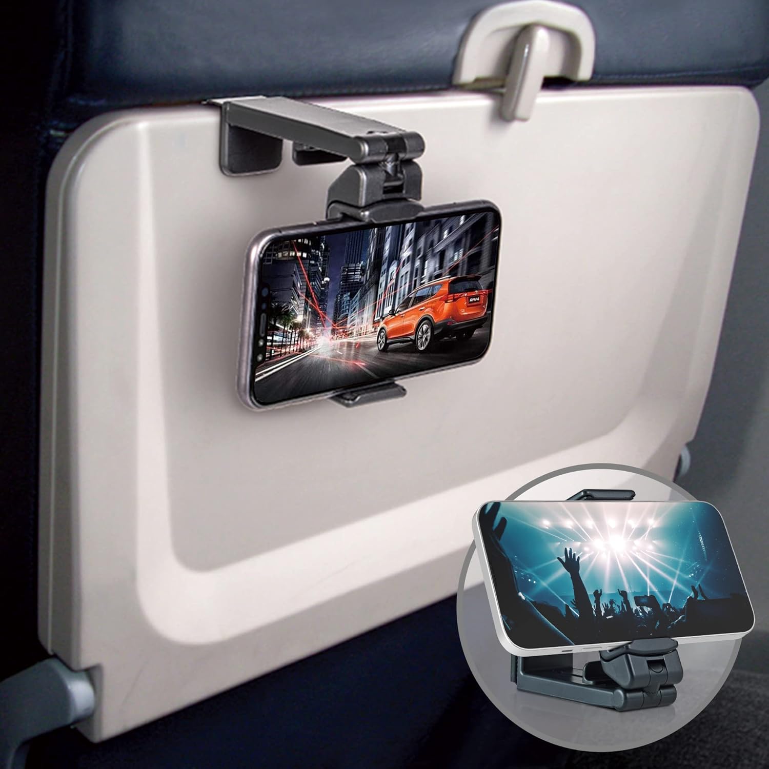 Beyond Cell Travel Accessories, Universal Seat Back Tray Table Phone Clip Holder, Adjustable Pocket Size Hands Free Phone Holder Airplane Travel Essentials Compatible with iPhone and Android 2 Packs