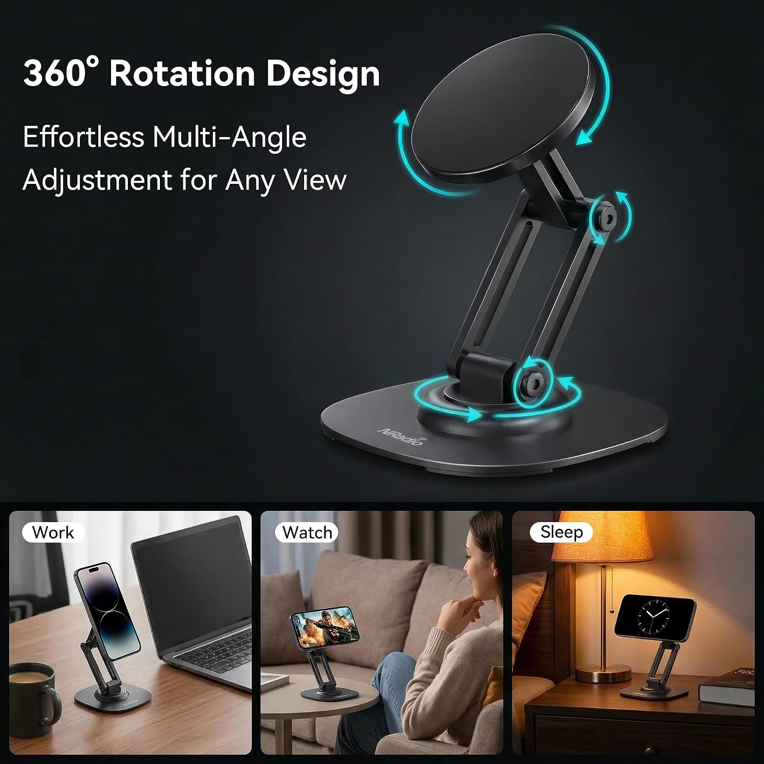 Magnetic Phone Stand for Desk, 360° Foldable Rotatable Phone Holder | Magnetic Mount for Desktop Bedside for iPhone 17 Pro Max/16/15/14/13/12 Series and MagSafe Cases (Black)