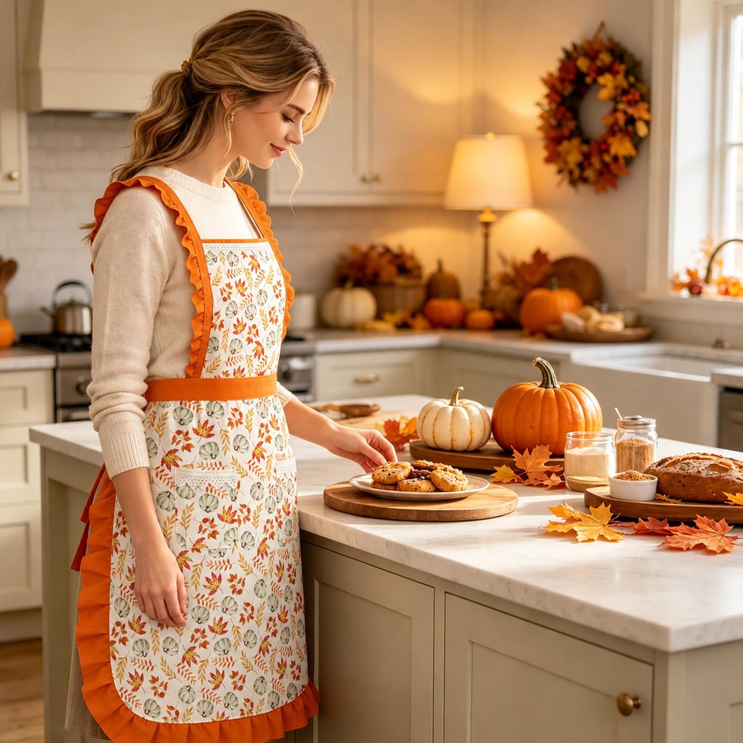 JarThenaAMCS Fall Kitchen Apron with Pockets, Pumpkin Maple Leaves | Autumn Thanksgiving Ruffled Chef Apron for Women Cooking Baking Grilling BBQ