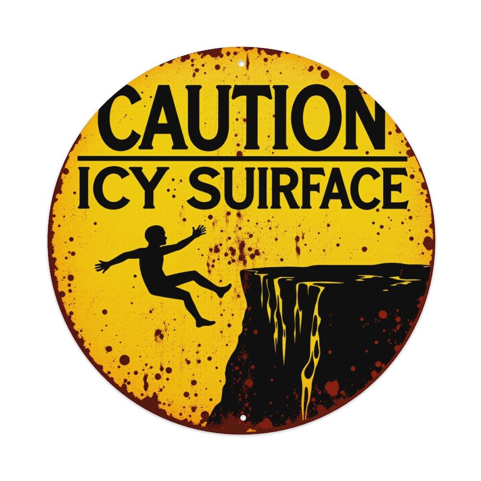 Lzwbntey Vintage Caution Icy Surface Falling Man Cliff Metal Tin Sign Retro Wall Decor For Home Bar Garage Cafe, Indoor & Outdoor Decorative，Circle Metal Poster, 8X8 Inch