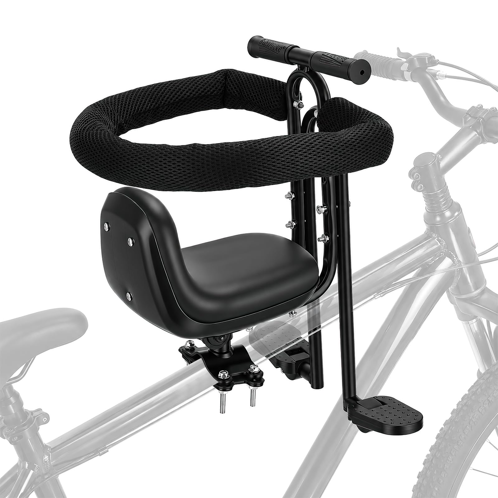 Kinderfahrradsitz Vorne – Verstellbarer Front-Kindersitz für 1-7 Jahre (bis 50 kg), mit Schutzbügel & Fußstützen, für Mountainbikes & Fahrräder mit Oberrohr
