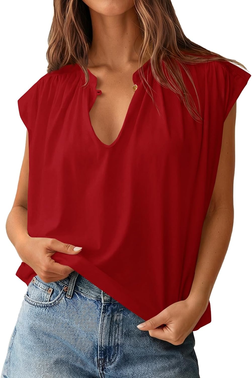 Yousify Womens V Neck Shirts Cap Sleeve Frill Trim Tunic Tops Summer Dressy Casual Loose Fit T-Shirts