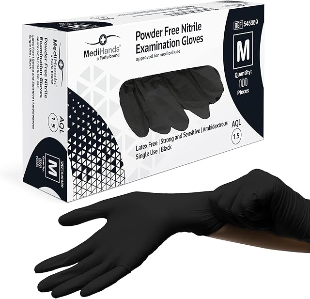 Farla Medical MediHands Nitrile Gloves Disposable Black Gloves - Powder Free & Latex Free Nitrile Gloves - Multi-Purpose