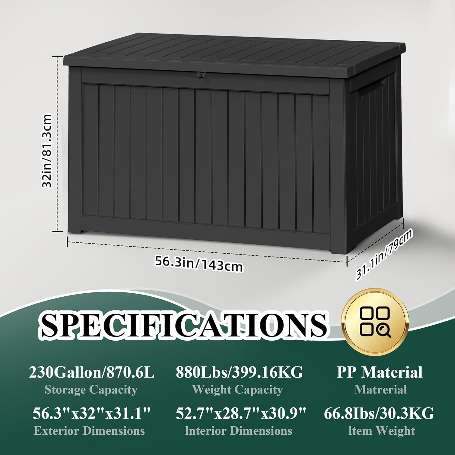 Diagram showing the specifications and dimensions of the PatioZen Deck Box.