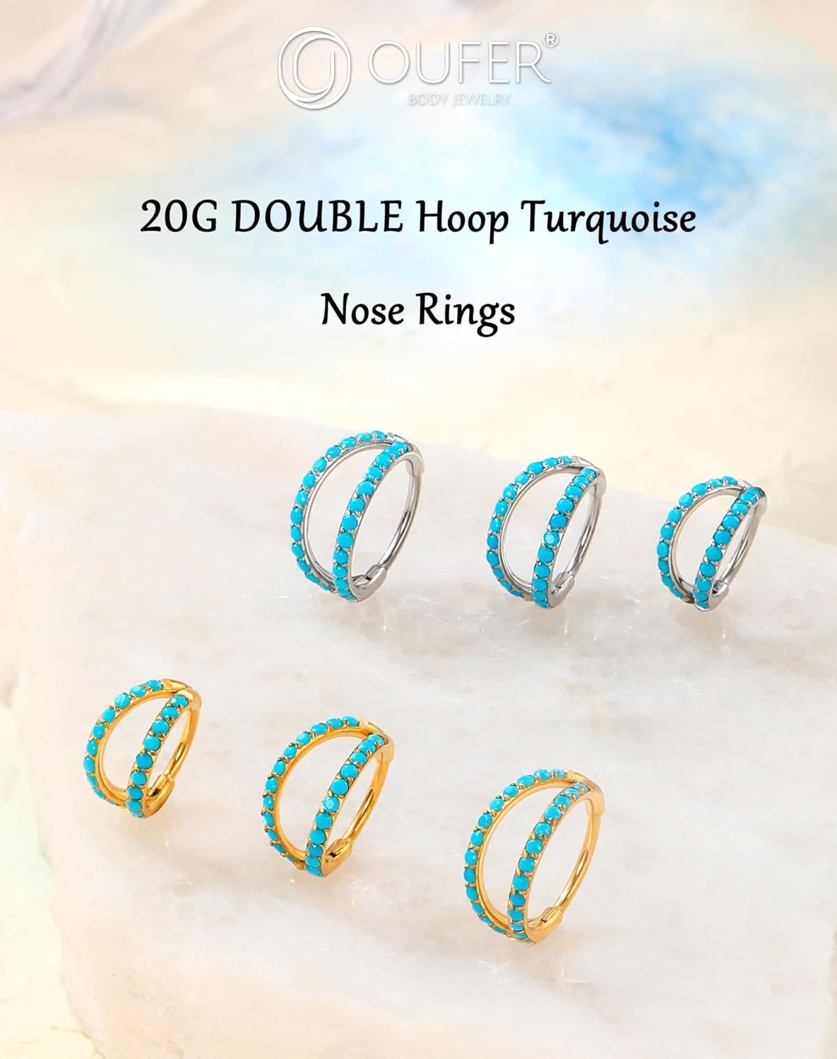 OUFER Turquoise Nose Rings for Women, 316L Surgical Steel 20G Double Hoop Nose Piercing Jewelry, Hinged Segment Septum Lip Eyebrow Rings Cartilage Conch Rook Helix Tragus Daith Earrings-6/7/8MM - Image 2