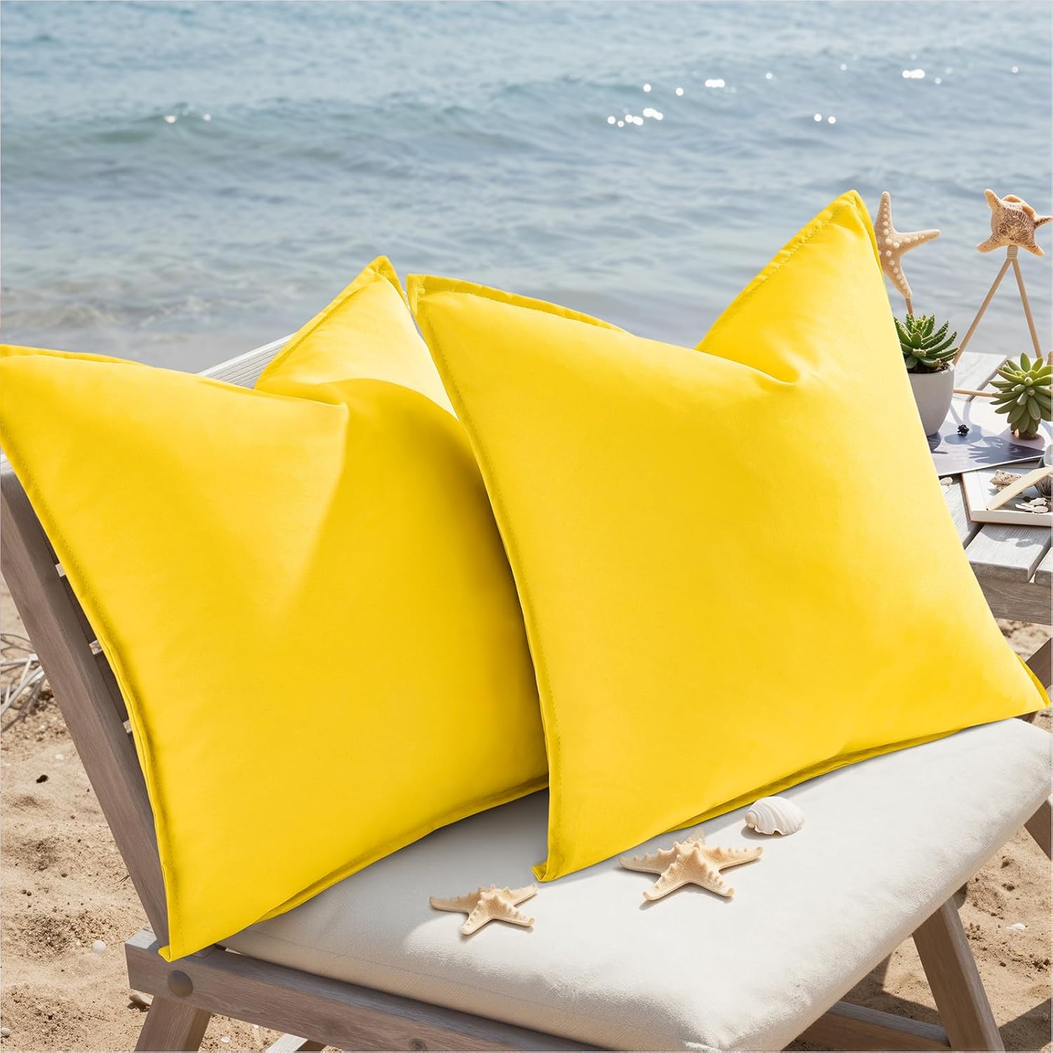 decorUhome Outdoor Waterproof Faux Linen Throw Pillow Covers 20x20 Inch Set of 2 Decorative Vibrant Farmhouse Pillow Cases with Flange Edges for Summer Couch Garden Patio Balcony Porch, Yellow