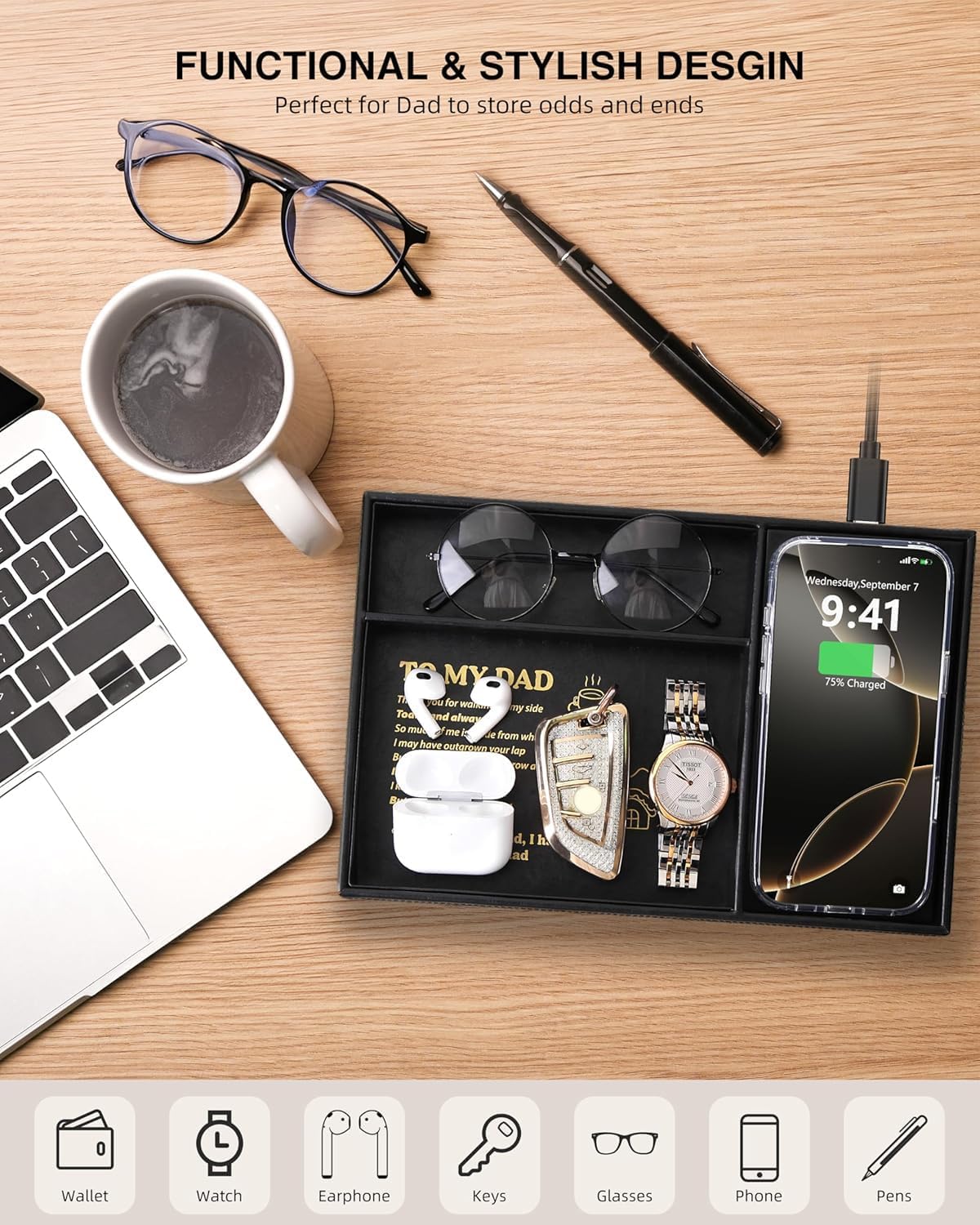 TopMade Wireless Charger Valet Tray, Father's Day Birthday Gifts for Dad, PU Leather Mens Jewelry Box for Iphone Charger, Desk Nightstand Organizer Charging Station Drawer Dresser Organizer(Black)
