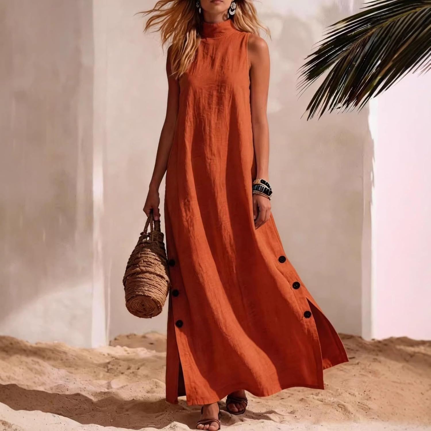 Aoleaky Women's Side Slit Sleeveless Linen Midi Dress, Beach Vacation Casual Dress