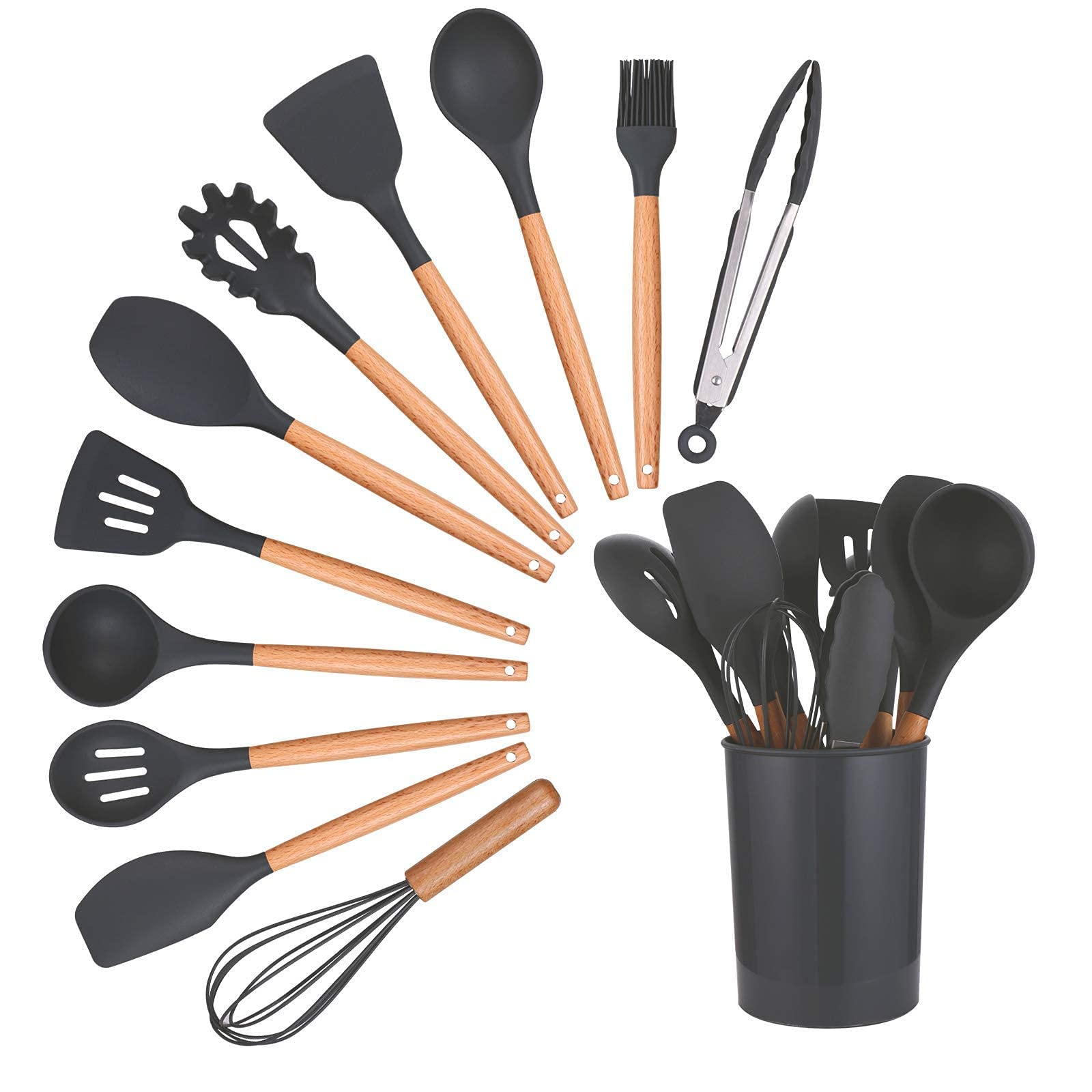 JOTEUS Kitchen Utensils Set - 11 Pcs Kitchen Silicone Cooking Utensils Set - Non-Stick Wooden Spatula Set - 230°C Heat Resistant - Non-Scratch Cook's Gadgets (Grey)…