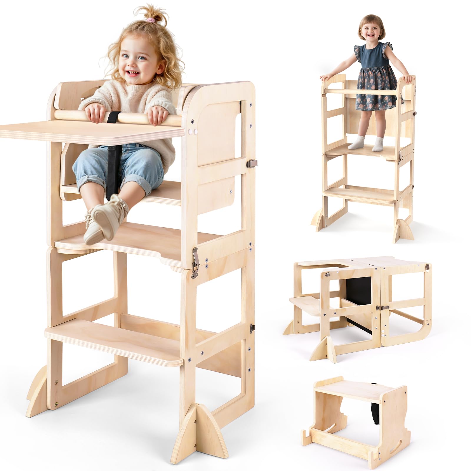 6 in-1 Toddler Kitchen Step Stool with Wooden Stool, Foldable Learning Standing Tower with Blackboard & Feeding Tray, Wooden Kitchen Stool Helper for Kids, 1-3 Year Old Boy Girl Gifts