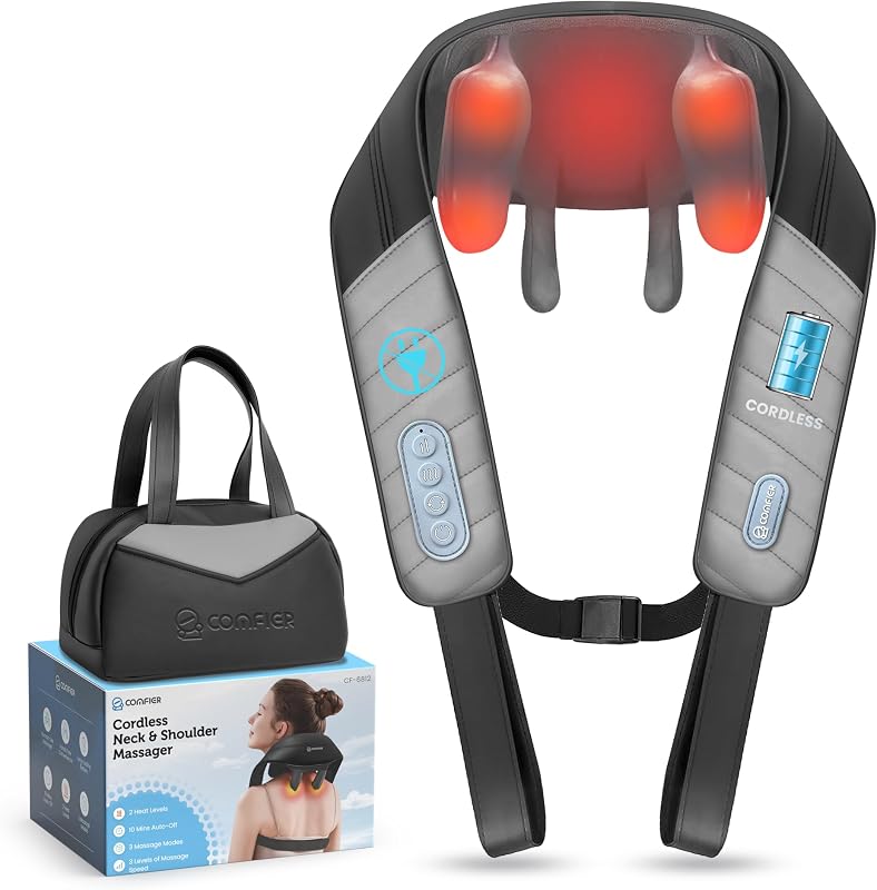 COMFIER Neck and Shoulder Massager with Heat, Cordless 4D Shiatsu Back and Neck Massager for Pain Relief, Hands-Free Massage Pillow with Carry Bag,Classic Gray