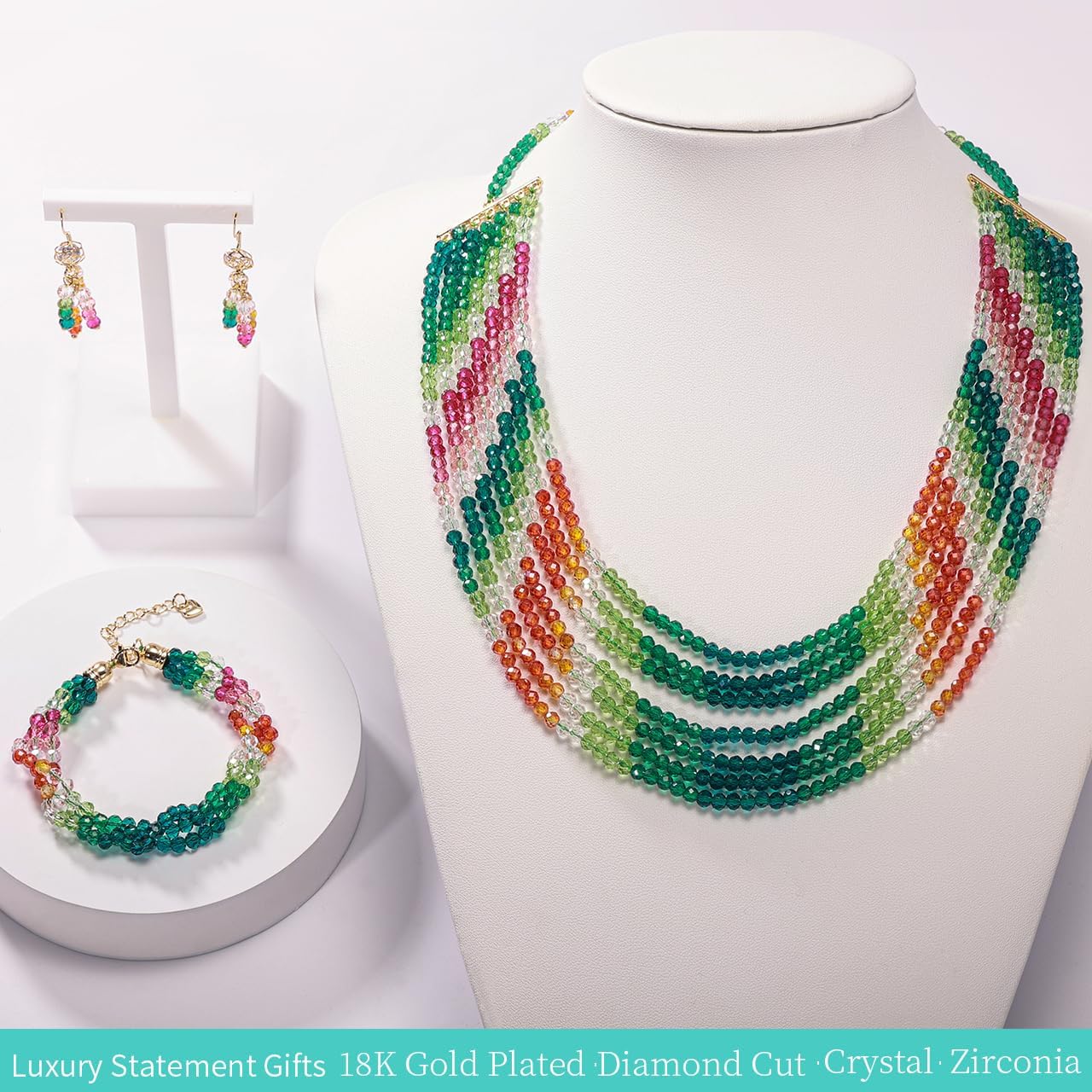 3 Pack Colour Crystal Jewelry Set for Women,Adjustable Beaded Necklace Bracelet Dangle Earrings Sets Hypoallergenic Sparkly Gemstone Jewelry for Wedding Bridesmaid Prom Party