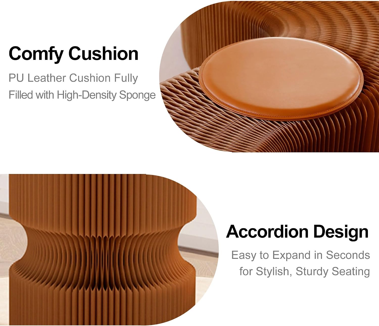 Accordion Folding Stool - 15" High Modern Brown Kraft Paper Seating, Portable Honeycomb Fold Up Ottoman, Collapsible Under Desk Footrest for Living Room, Entryway, Office & Small Spaces (1, Brown)
